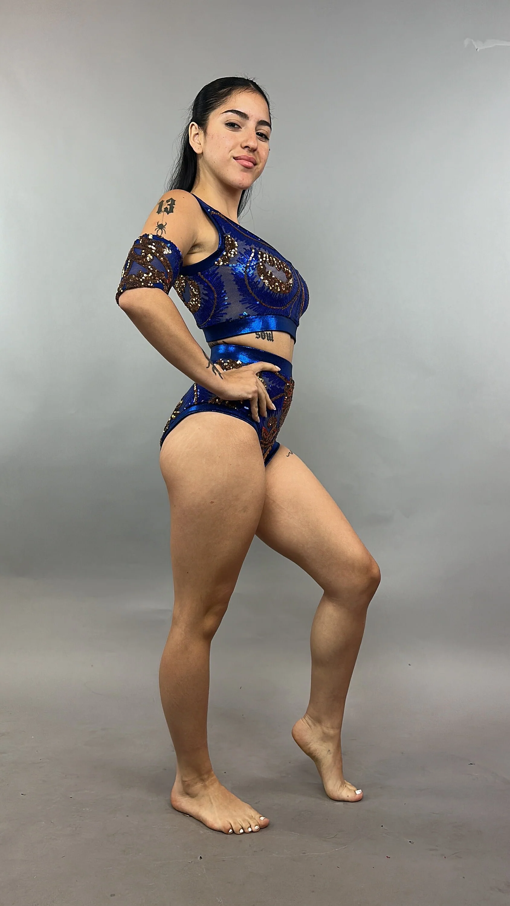 Blue and Gold Sequin Crop Top and Shorts Set, 4 Way Stretch Mesh Fabric, Two Piece Performance Outfit with Arm Sleeves - Image 3