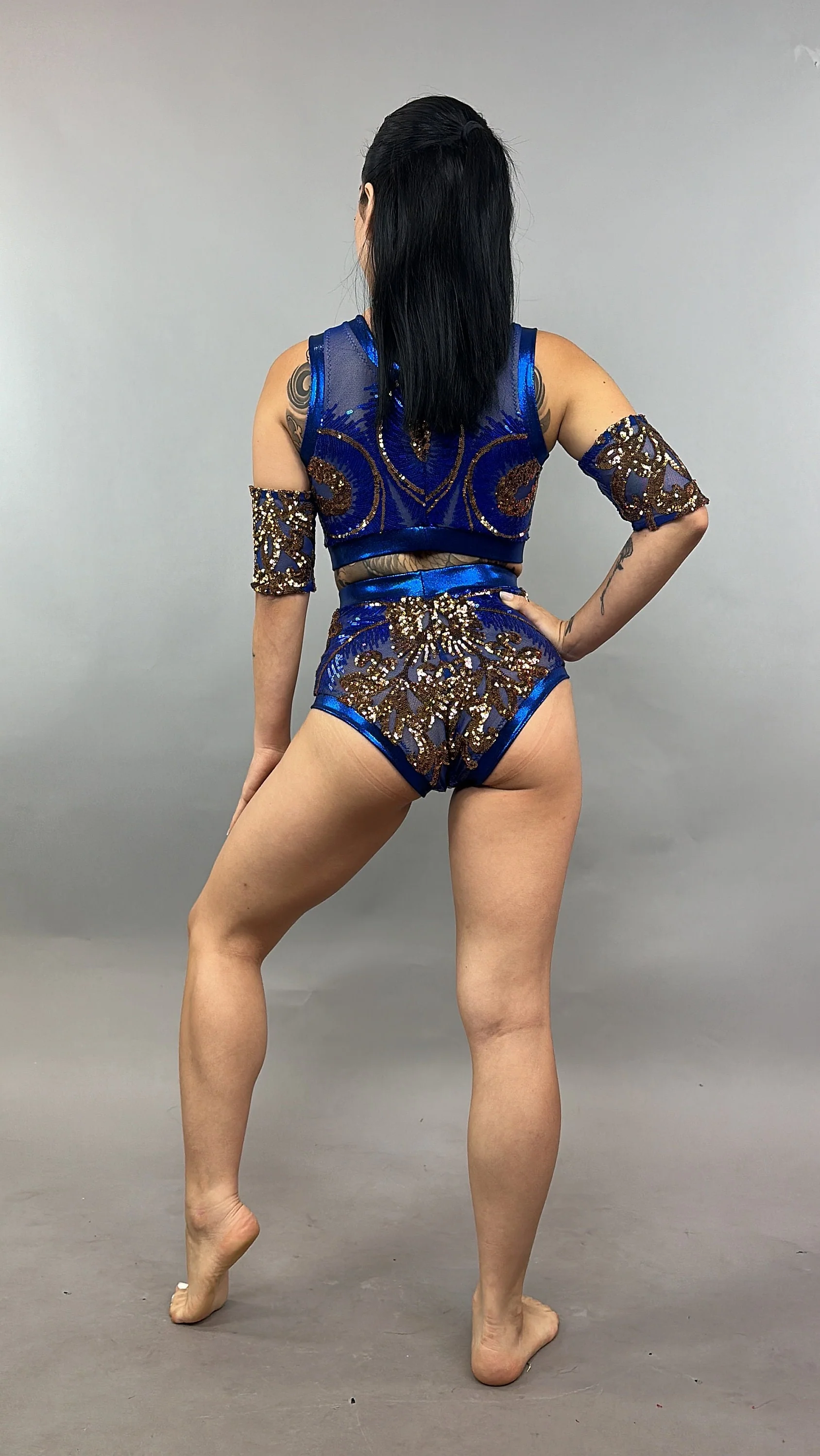 Blue and Gold Sequin Crop Top and Shorts Set, 4 Way Stretch Mesh Fabric, Two Piece Performance Outfit with Arm Sleeves - Image 5