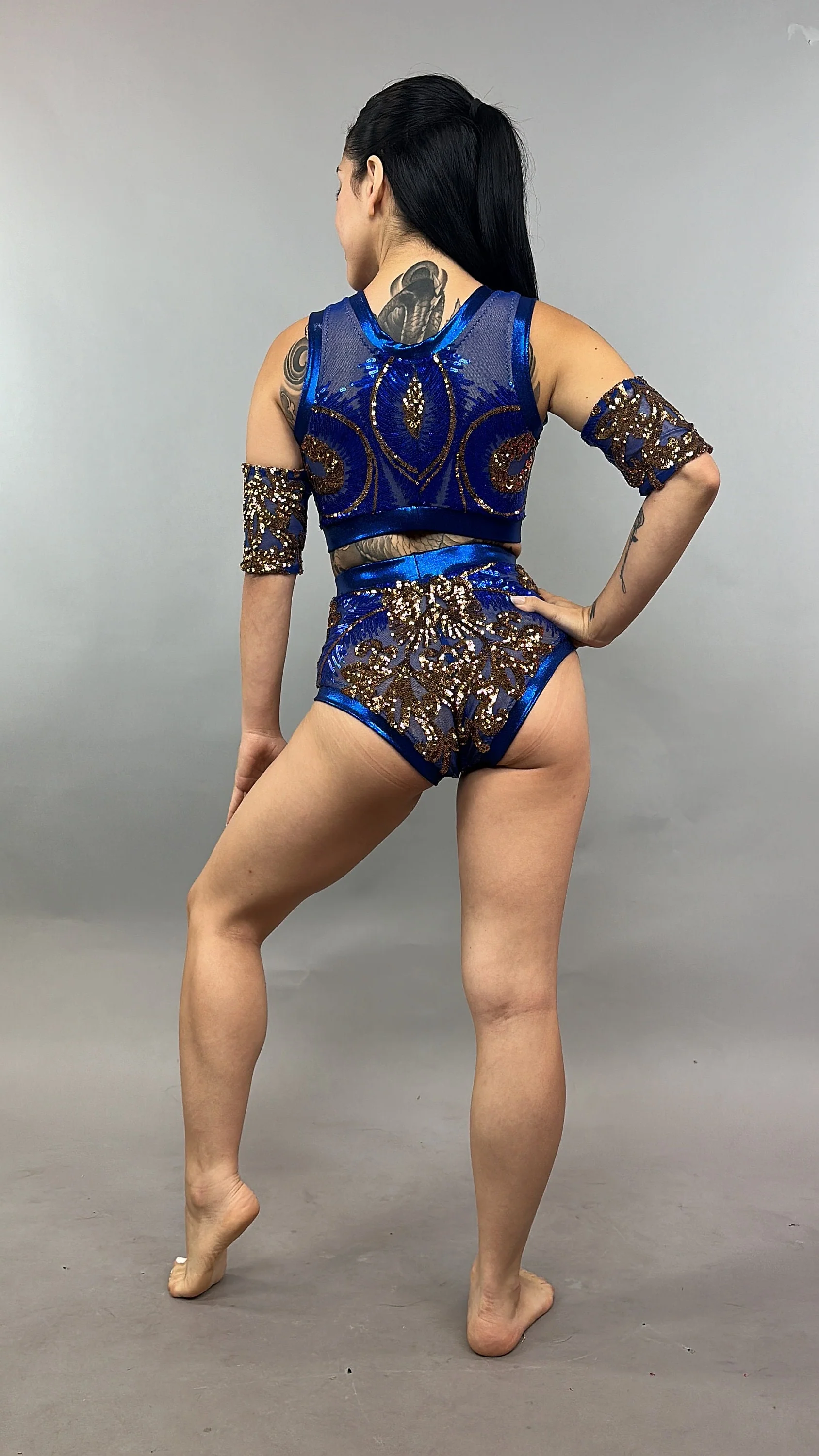 Blue and Gold Sequin Crop Top and Shorts Set, 4 Way Stretch Mesh Fabric, Two Piece Performance Outfit with Arm Sleeves - Image 6