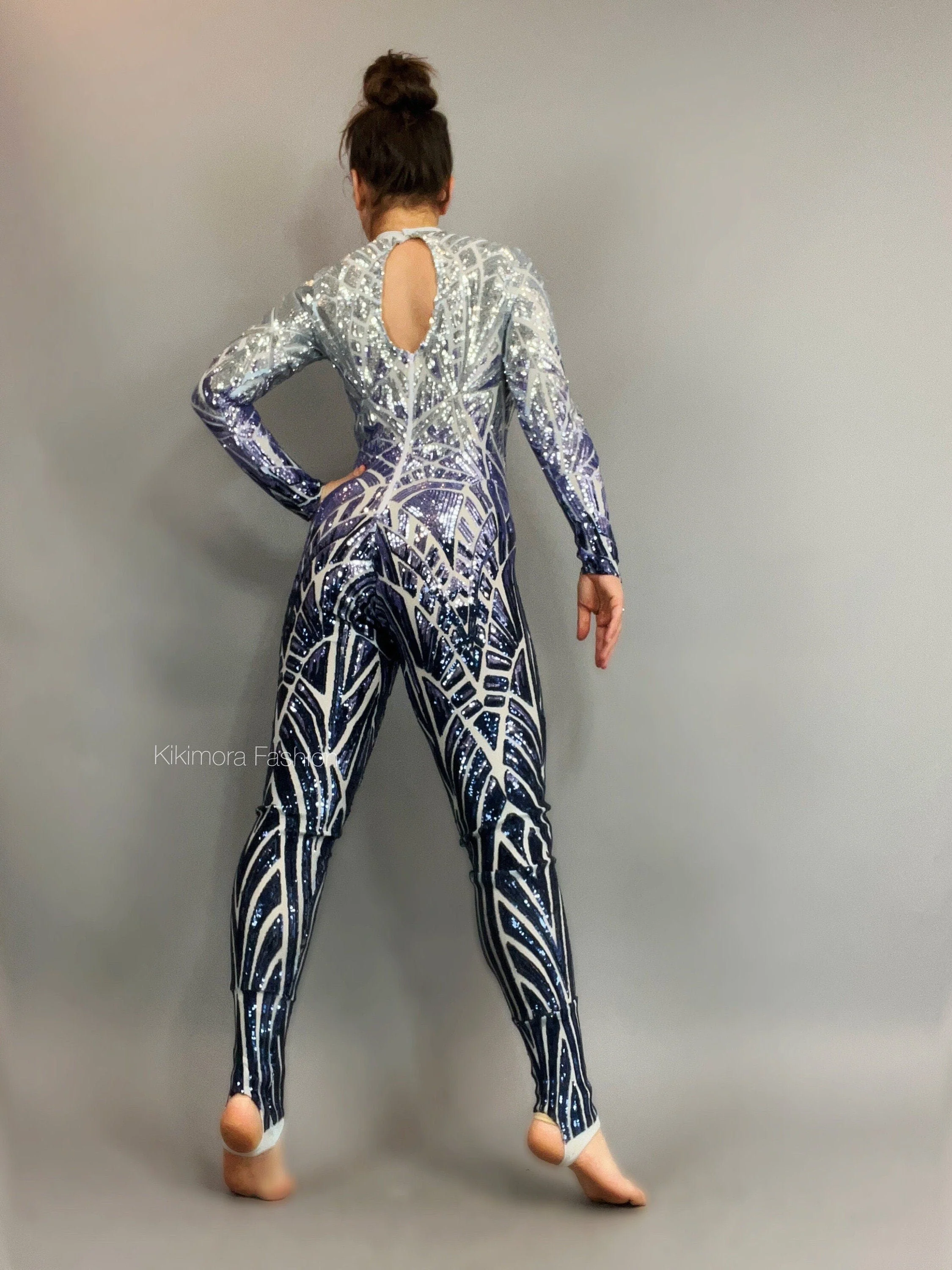 Blue and White Sequin Jumpsuit, Floral Mesh Catsuit, Exotic Dance Wear, Gymnastic Costume, Futuristic Festival Outfit, Long Sleeve - Image 6