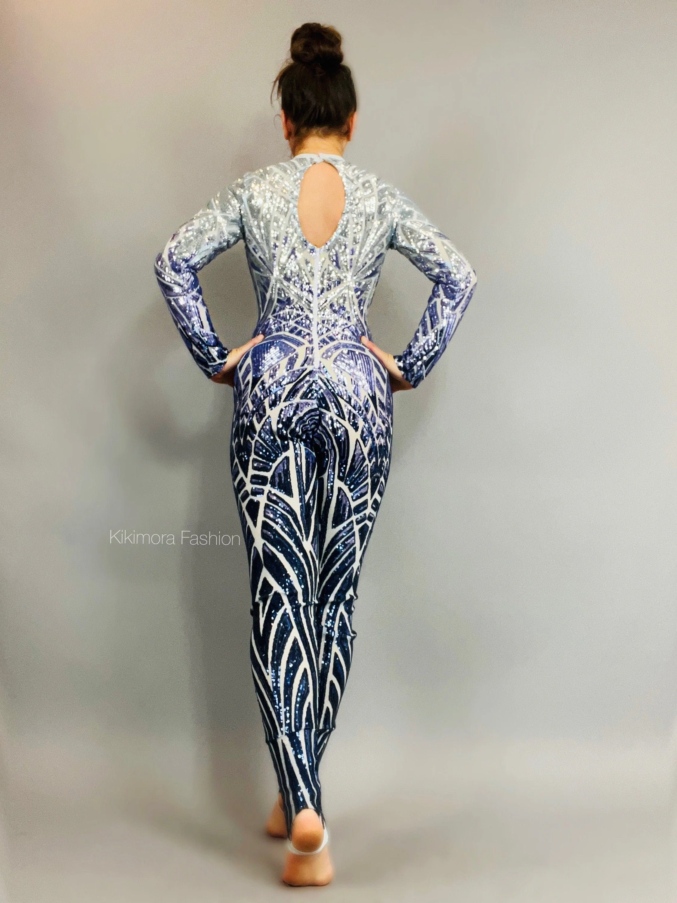 Blue and White Sequin Jumpsuit, Floral Mesh Catsuit, Exotic Dance Wear, Gymnastic Costume, Futuristic Festival Outfit, Long Sleeve - Image 8