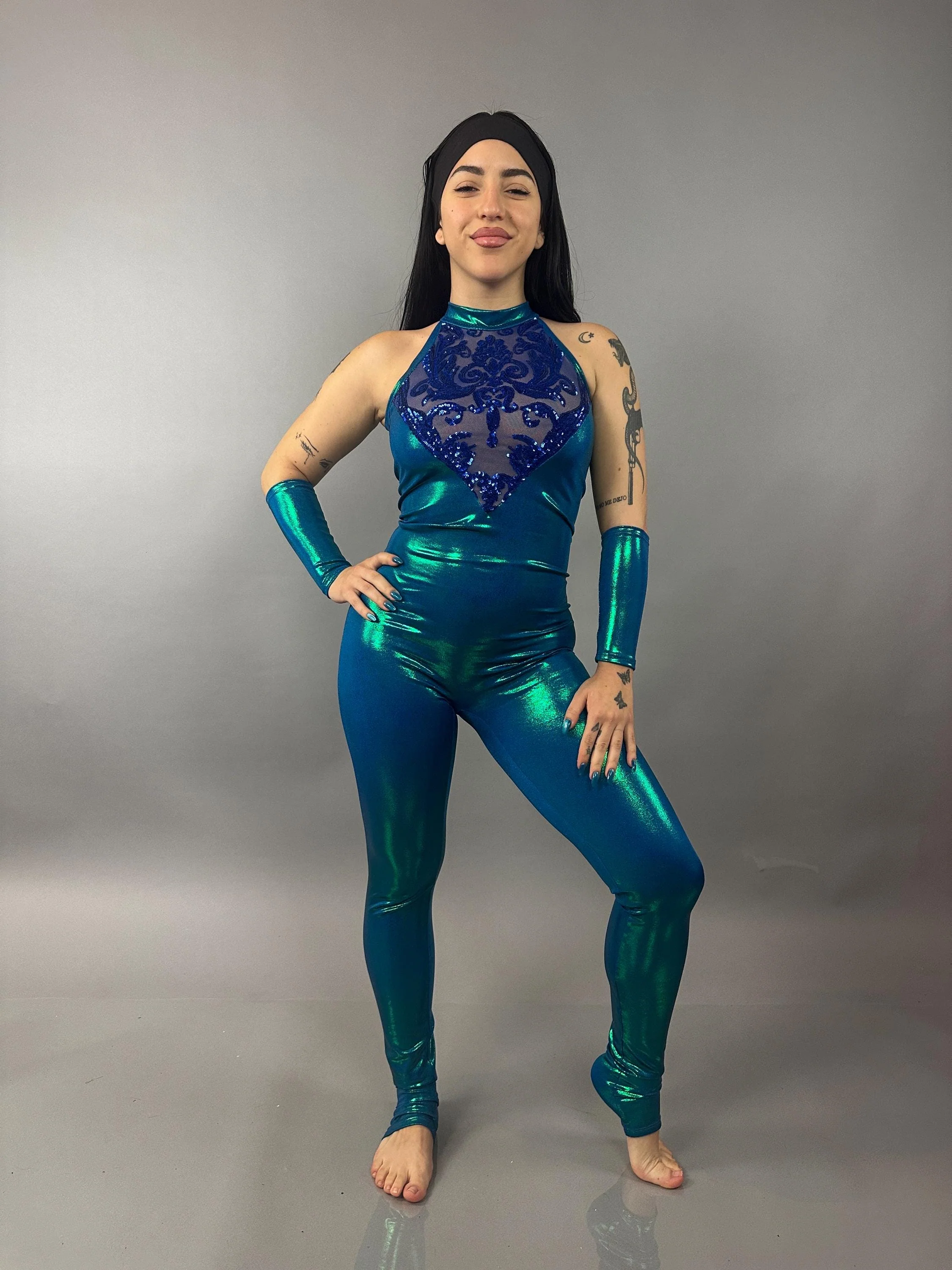 Metallic Blue Halter Catsuit with Sequin Top, Shiny Spandex Jumpsuit with Open Back, 4-Way Stretch Performance Wear. - Image 2