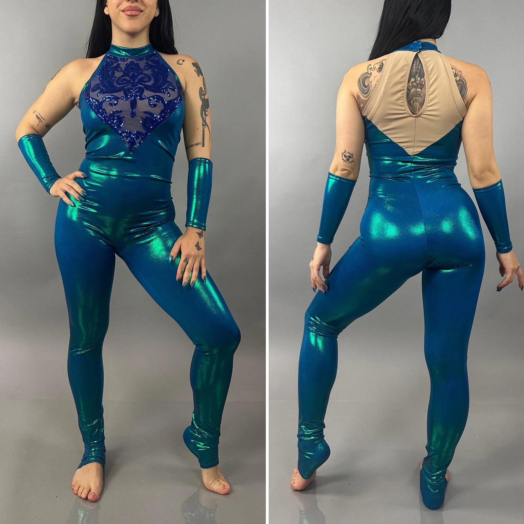 Metallic Blue Halter Catsuit with Sequin Top, Shiny Spandex Jumpsuit with Open Back, 4-Way Stretch Performance Wear. - Image 9
