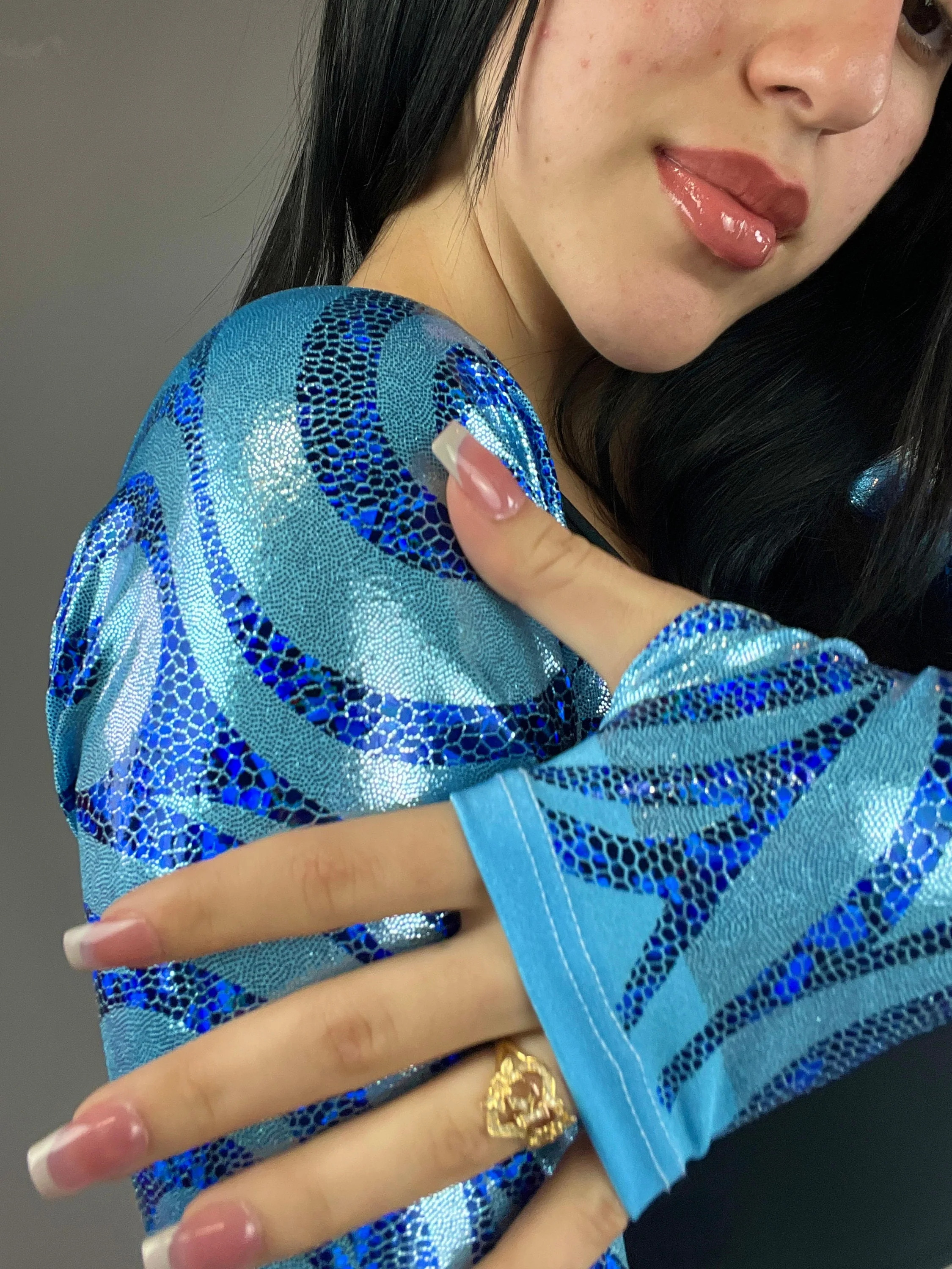 Blue Hologram Shrug, Upcycled Spandex Bolero, Futuristic Arm Sleeves, Festival Fashion Top, Rave Outfit, Custom Crop Top, Swirl Print - Image 7