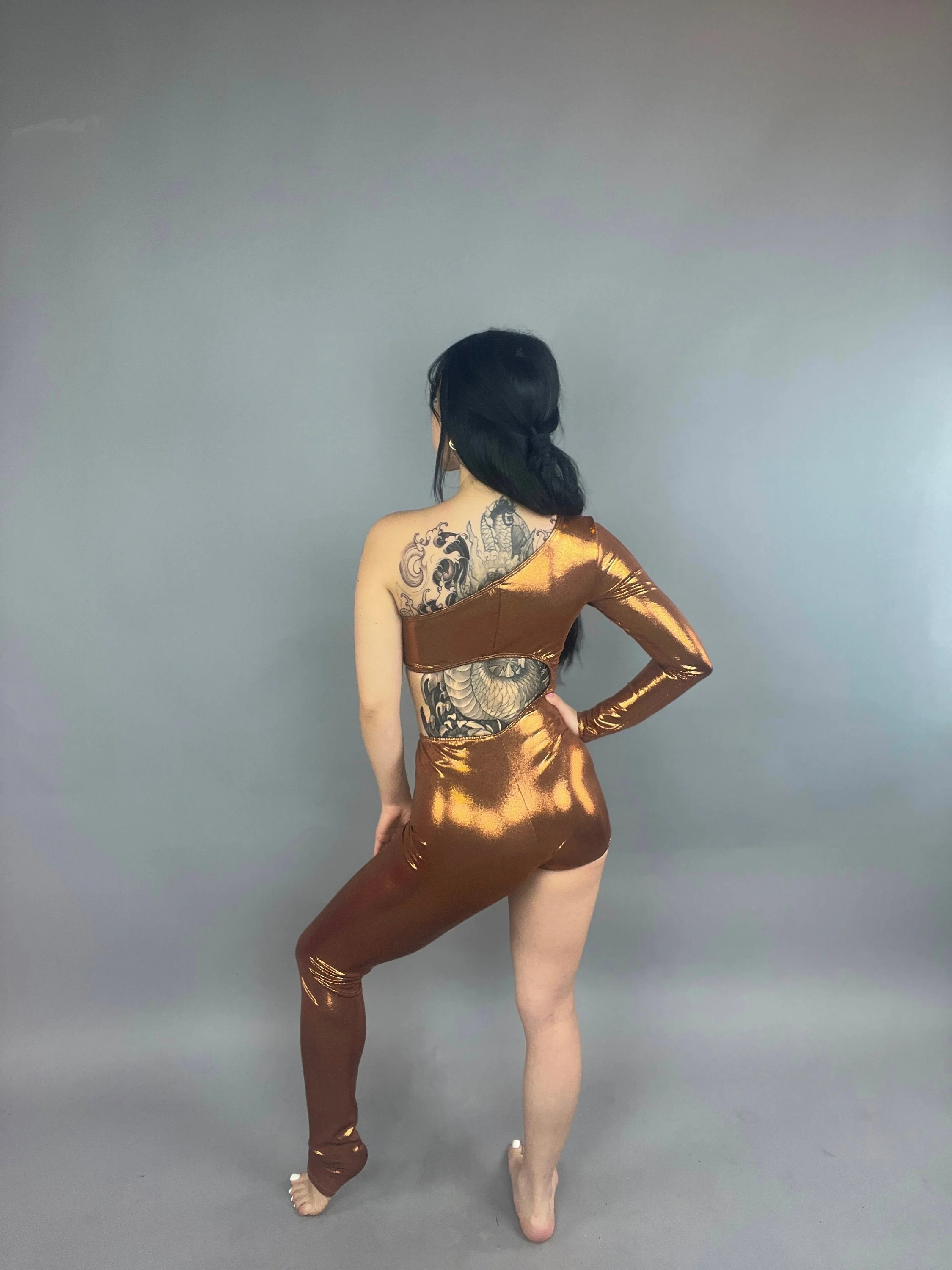 Asymmetrical Metallic Jumpsuit with One Sleeve and One Leg, Shiny Bronze Spandex Bodysuit with Cutout, 4-Way Stretch Performance Wear - Image 8