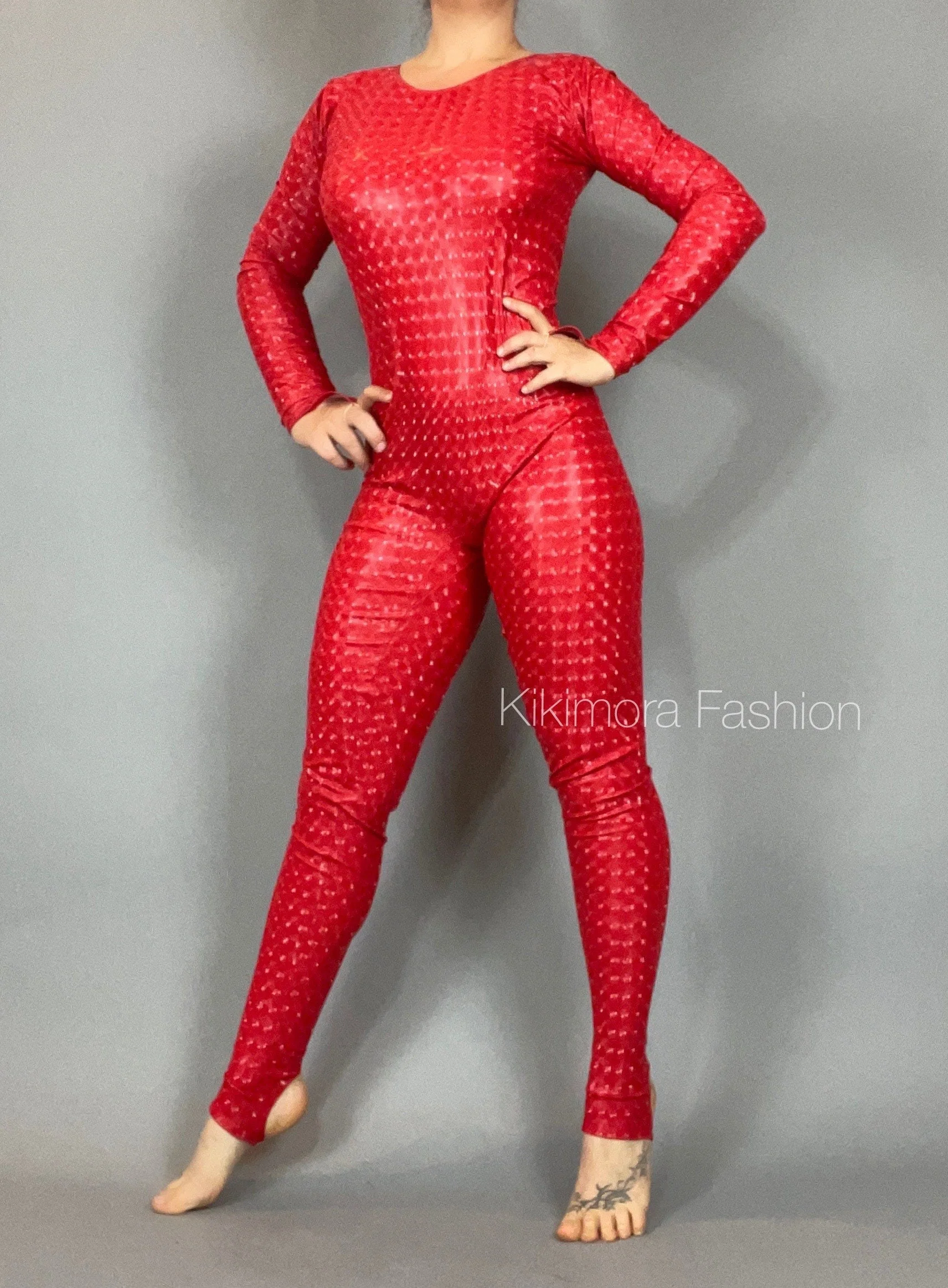 Red Latex-Look Catsuit, Open Back Bodysuit, Gymnastics Dancewear Unitard, Custom Spandex Costume