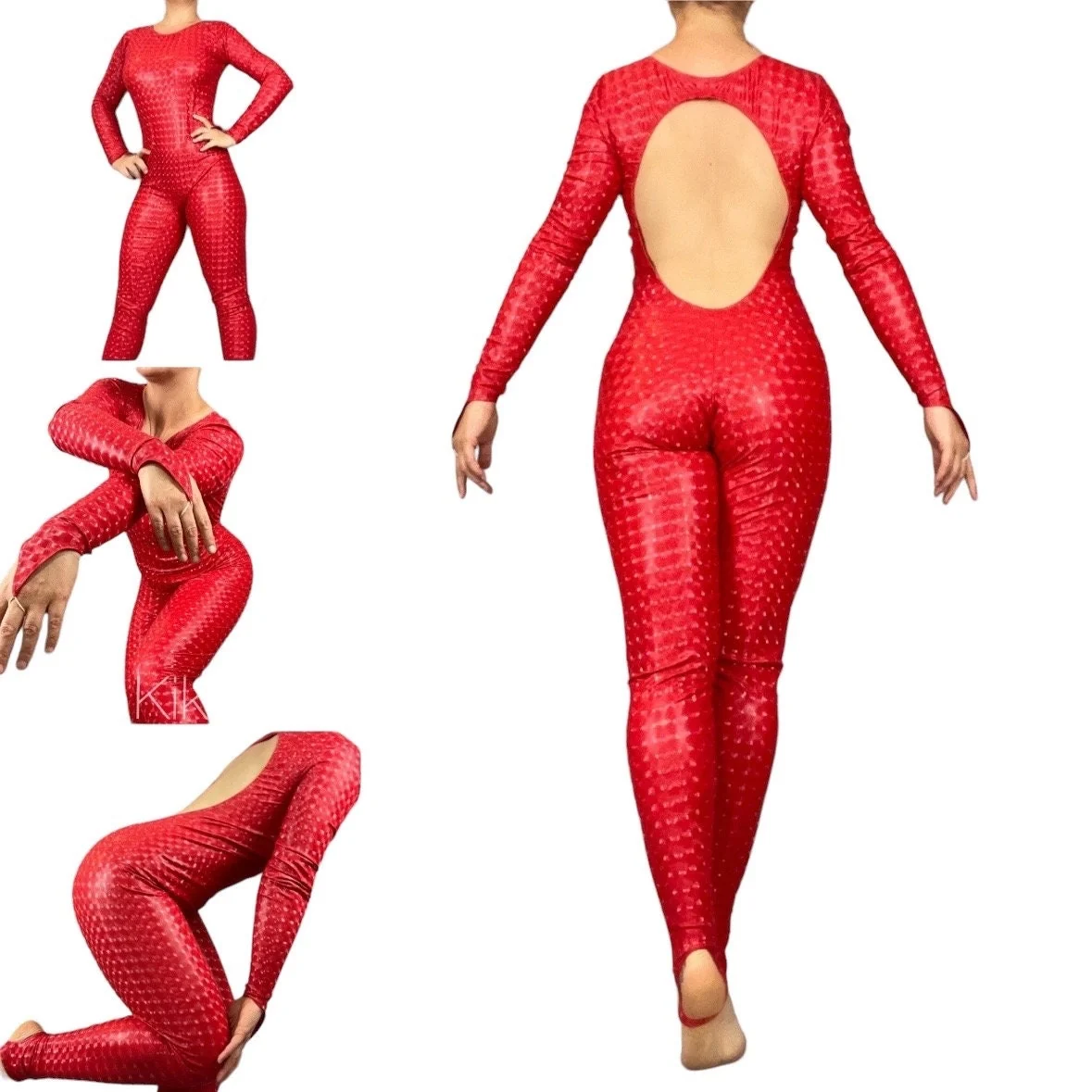 Red Latex-Look Catsuit, Open Back Bodysuit, Gymnastics Dancewear Unitard, Custom Spandex Costume - Image 2