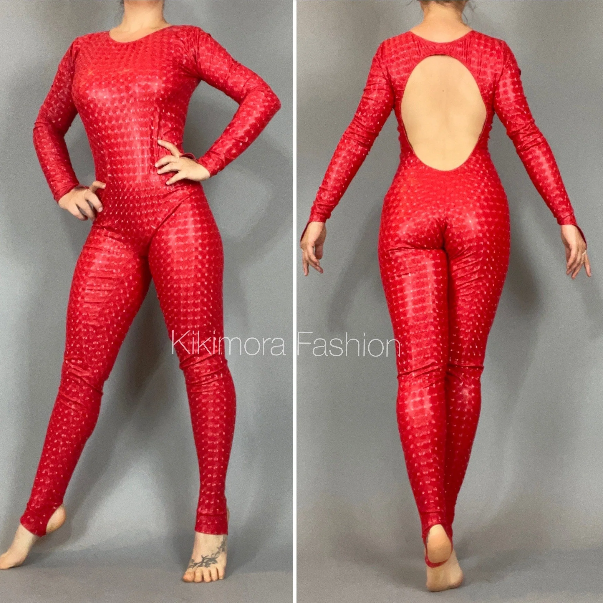 Red Latex-Look Catsuit, Open Back Bodysuit, Gymnastics Dancewear Unitard, Custom Spandex Costume - Image 3