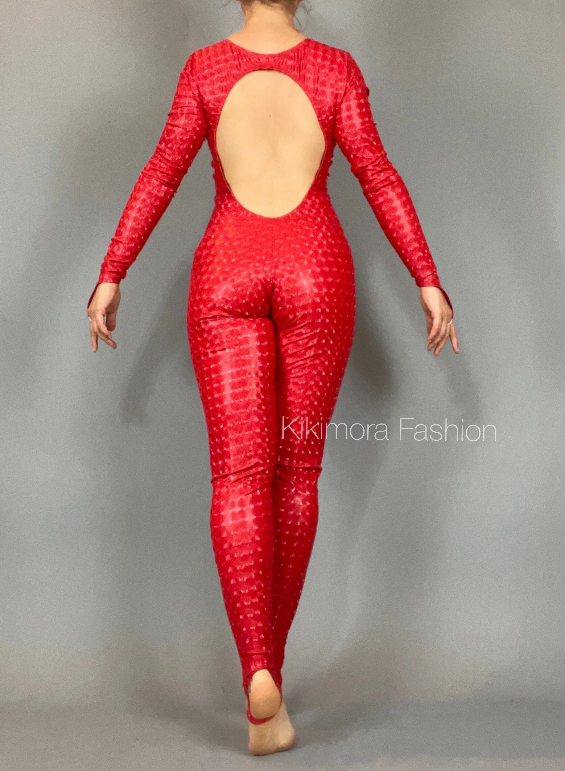Red Latex-Look Catsuit, Open Back Bodysuit, Gymnastics Dancewear Unitard, Custom Spandex Costume - Image 4