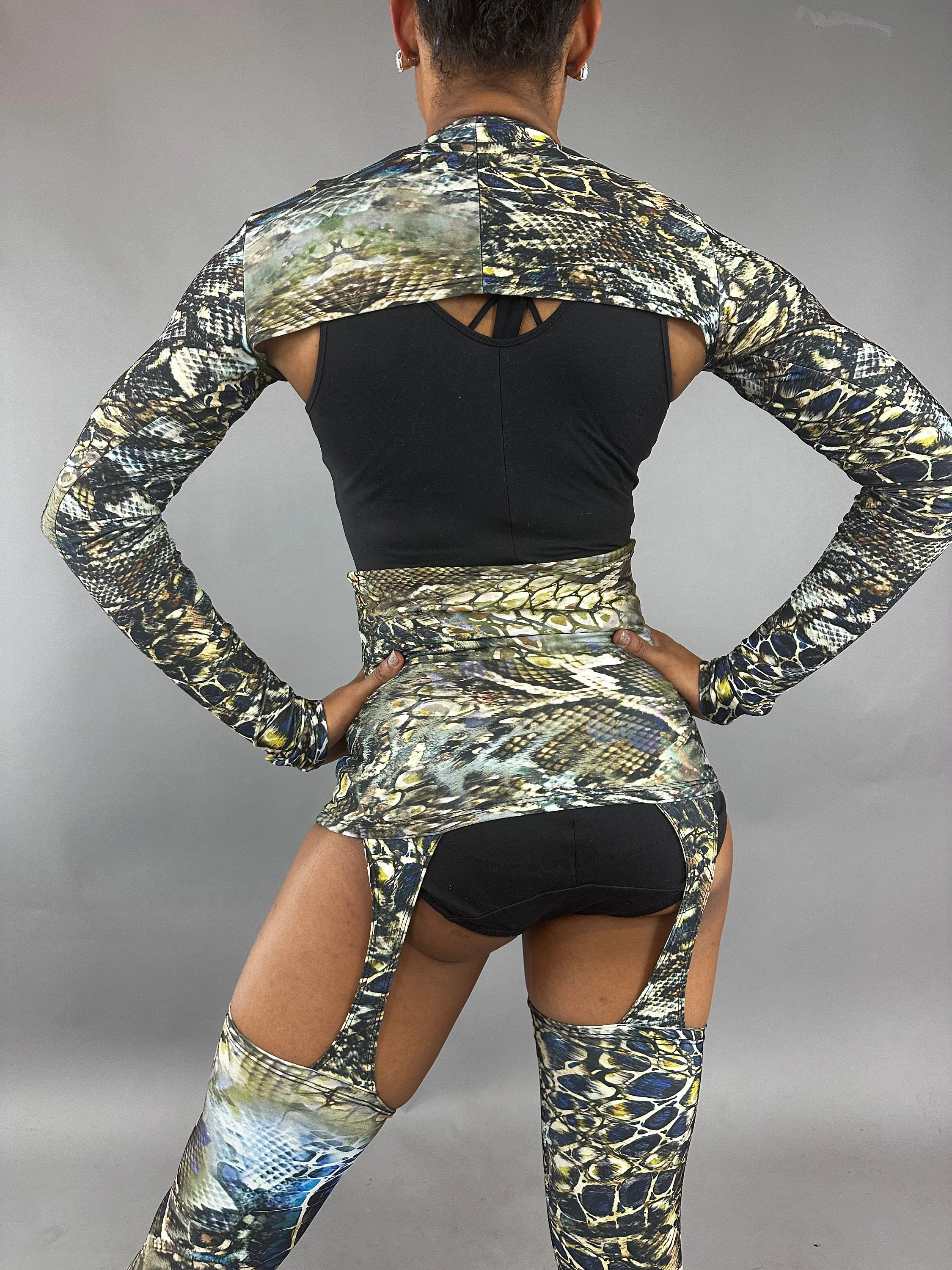 Snakeskin Pattern Cut Out Catsuit, Cowl Neckline, Long Sleeves - Image 2
