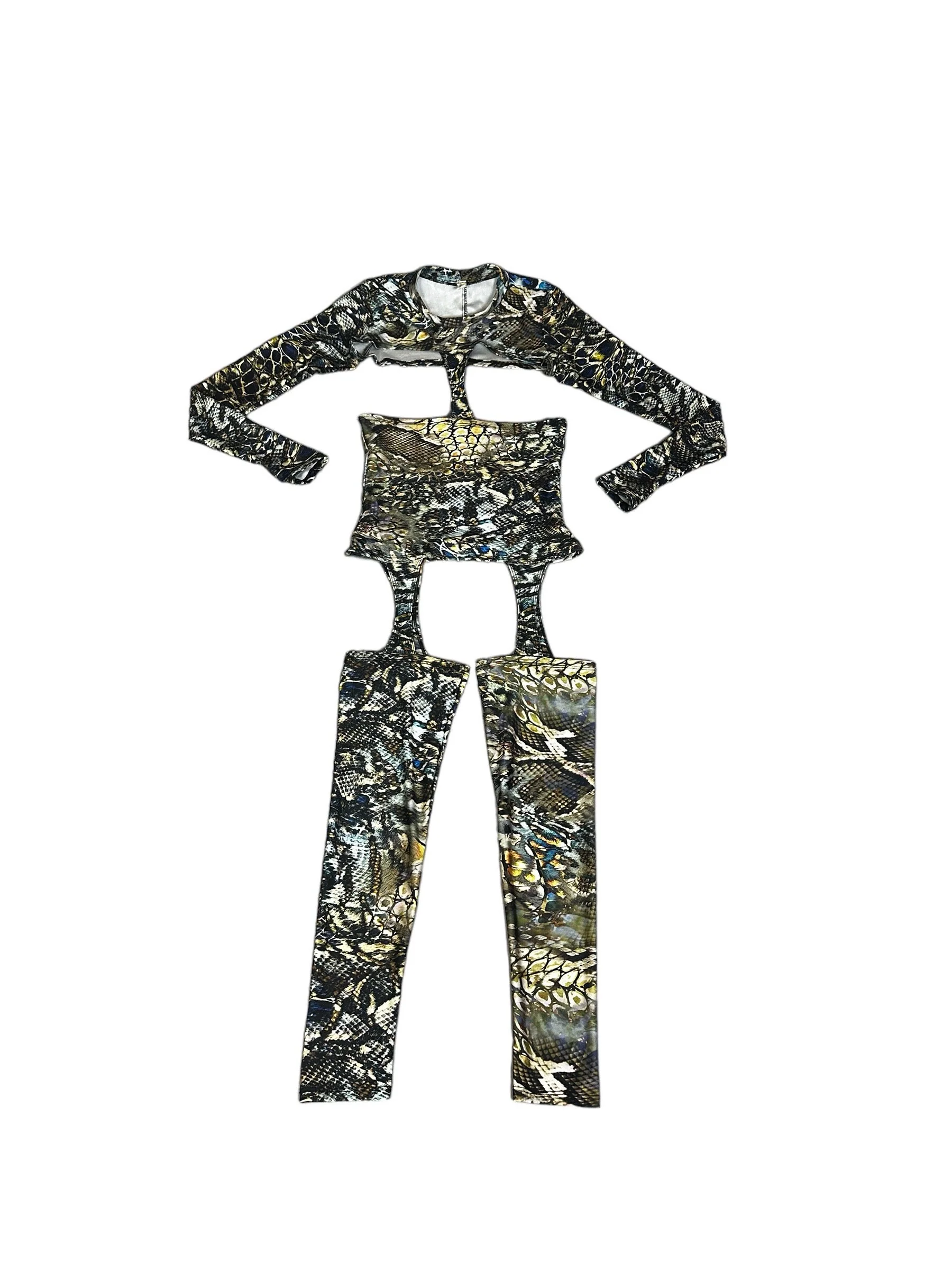 Snakeskin Pattern Cut Out Catsuit, Cowl Neckline, Long Sleeves - Image 8
