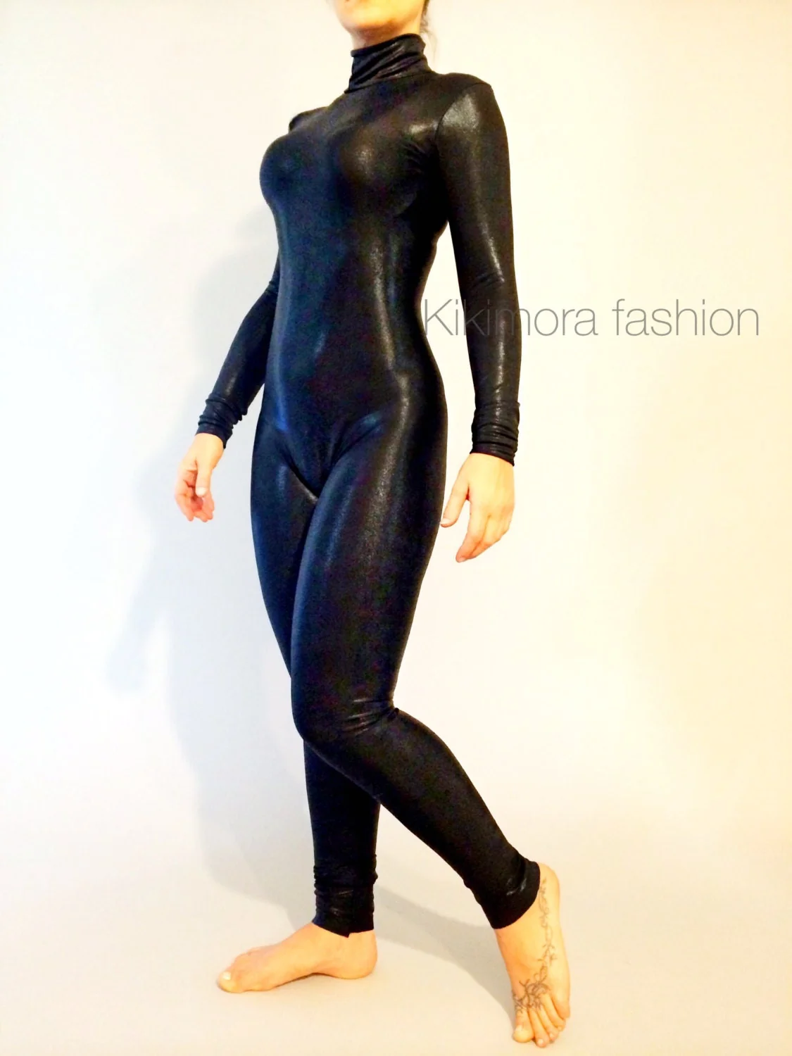 Shiny Black Catsuit, Like Latex Bodysuit, Like PVC Fetish Clothing, Full Sleeves, Turtleneck - Image 7