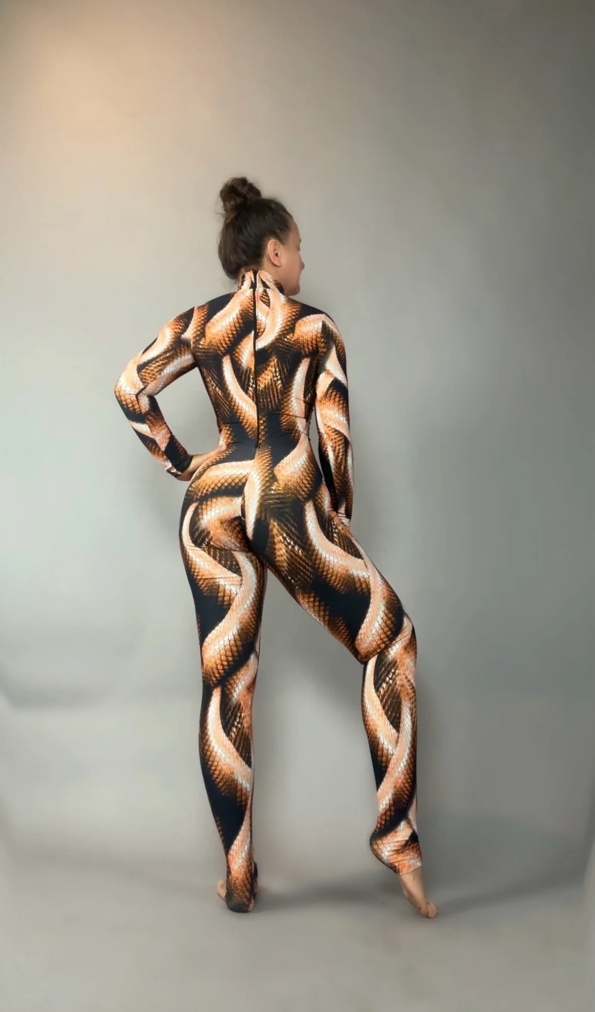 Brown Snake Print Jumpsuit, Turtleneck Catsuit, Long Sleeve Bodysuit, Spandex Unitard, Festival Outfit, Rave Costume - Image 4