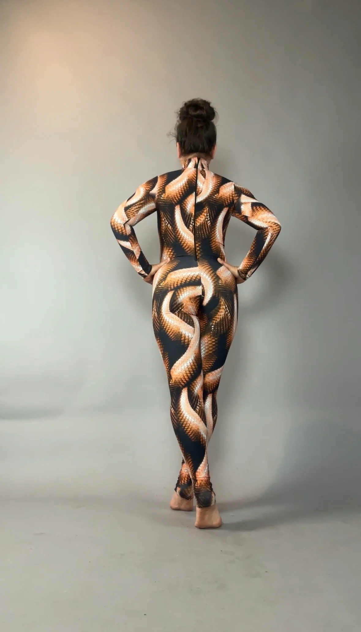 Brown Snake Print Jumpsuit, Turtleneck Catsuit, Long Sleeve Bodysuit, Spandex Unitard, Festival Outfit, Rave Costume - Image 5