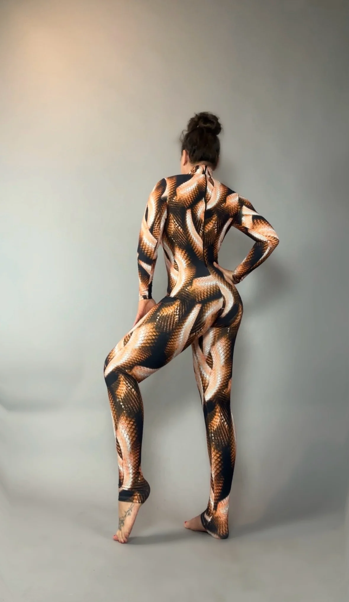 Brown Snake Print Jumpsuit, Turtleneck Catsuit, Long Sleeve Bodysuit, Spandex Unitard, Festival Outfit, Rave Costume - Image 7