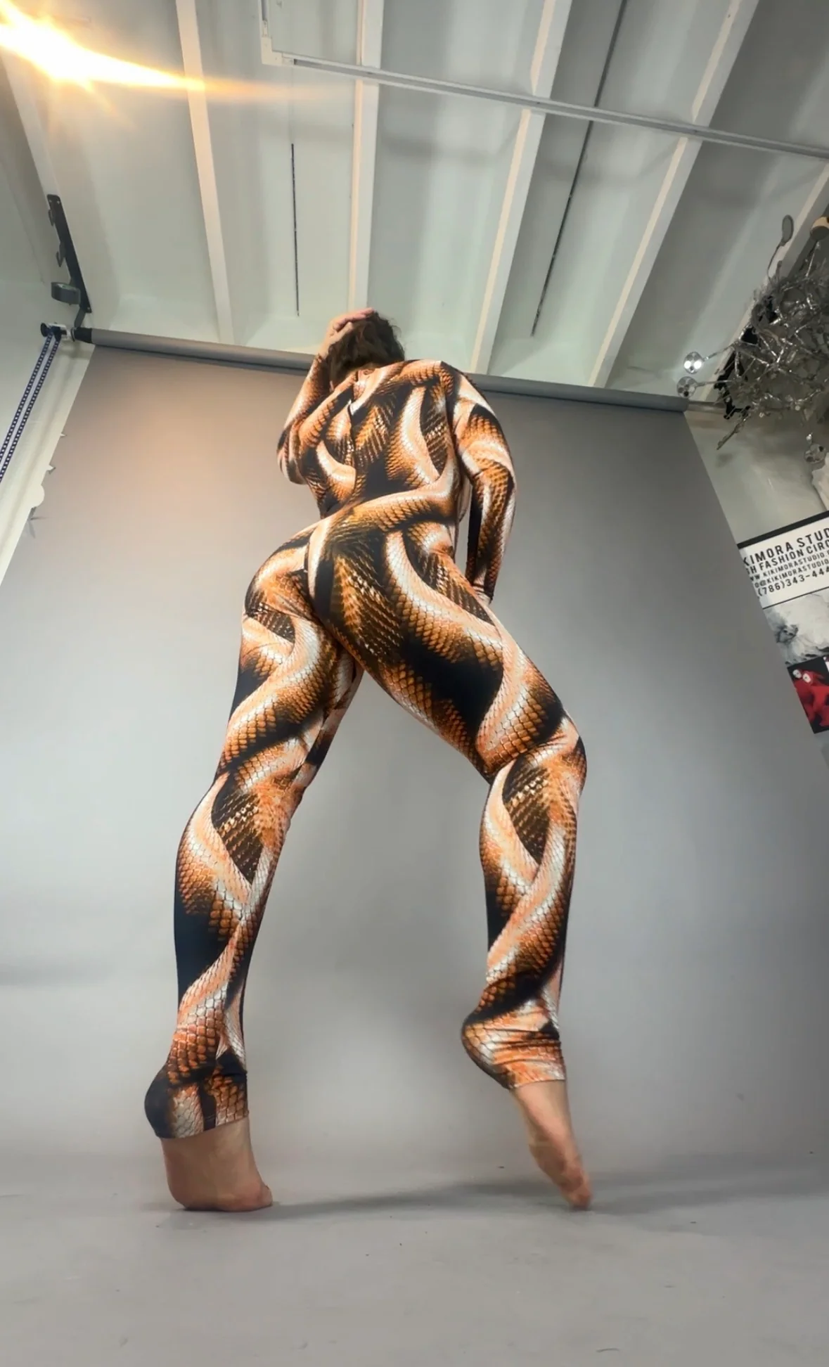 Brown Snake Print Jumpsuit, Turtleneck Catsuit, Long Sleeve Bodysuit, Spandex Unitard, Festival Outfit, Rave Costume - Image 9
