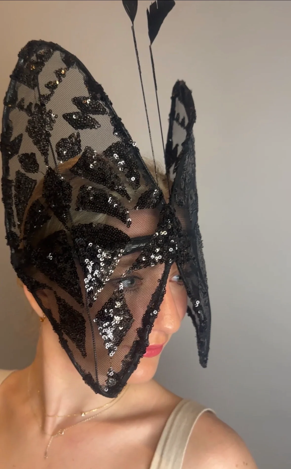 Sequin Butterfly Headpiece, Sheer Mesh Fairy Hat, Feather Antennae Fascinator, Festive Holiday Costume Accessory, Theatrical Headwear - Image 5
