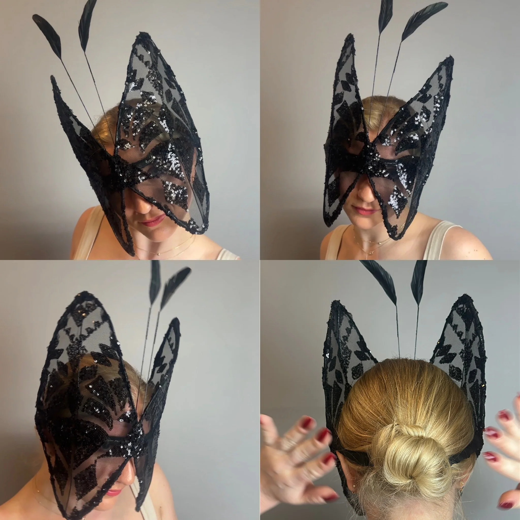 Sequin Butterfly Headpiece, Sheer Mesh Fairy Hat, Feather Antennae Fascinator, Festive Holiday Costume Accessory, Theatrical Headwear - Image 7