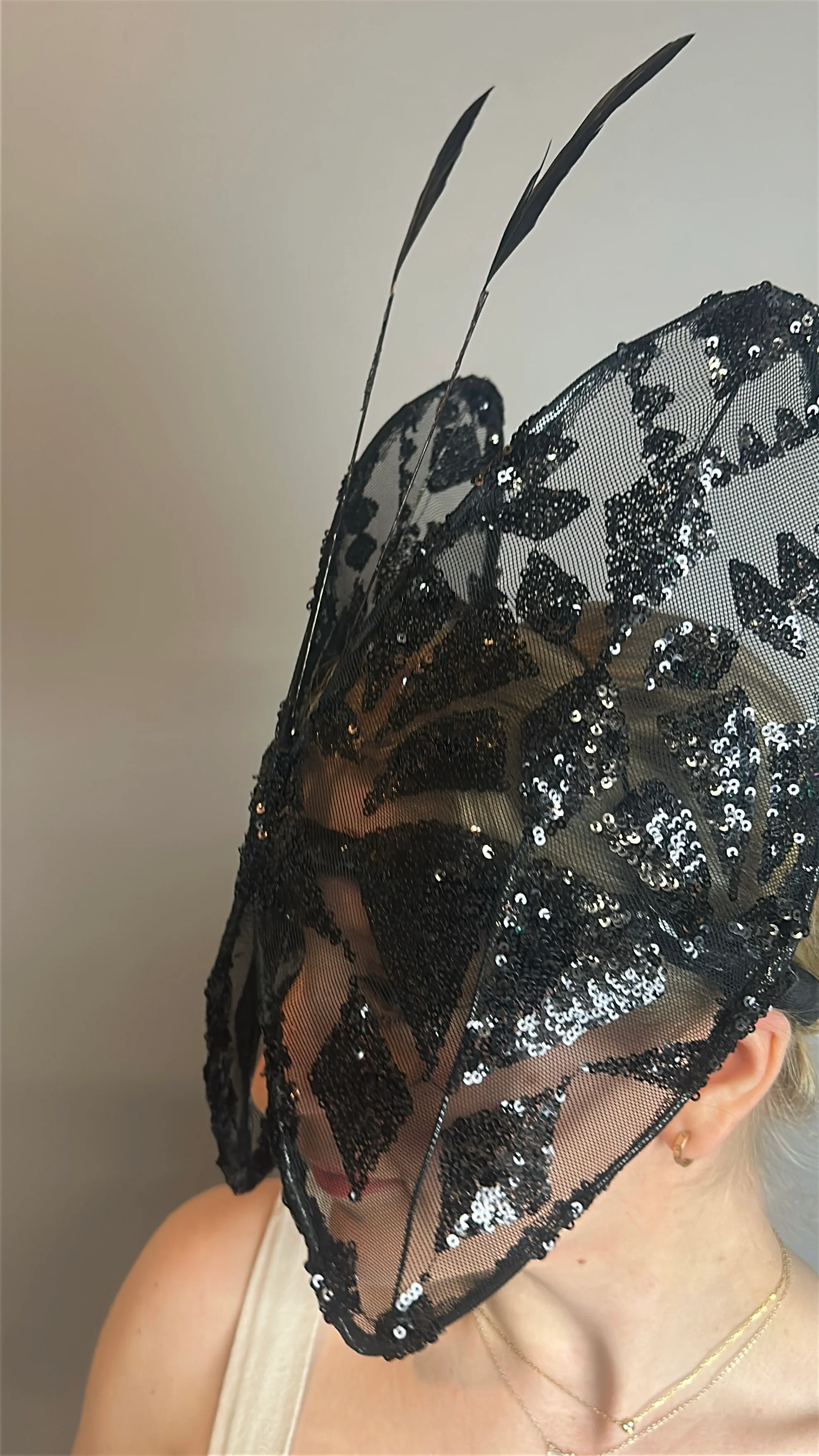 Sequin Butterfly Headpiece, Sheer Mesh Fairy Hat, Feather Antennae Fascinator, Festive Holiday Costume Accessory, Theatrical Headwear - Image 8