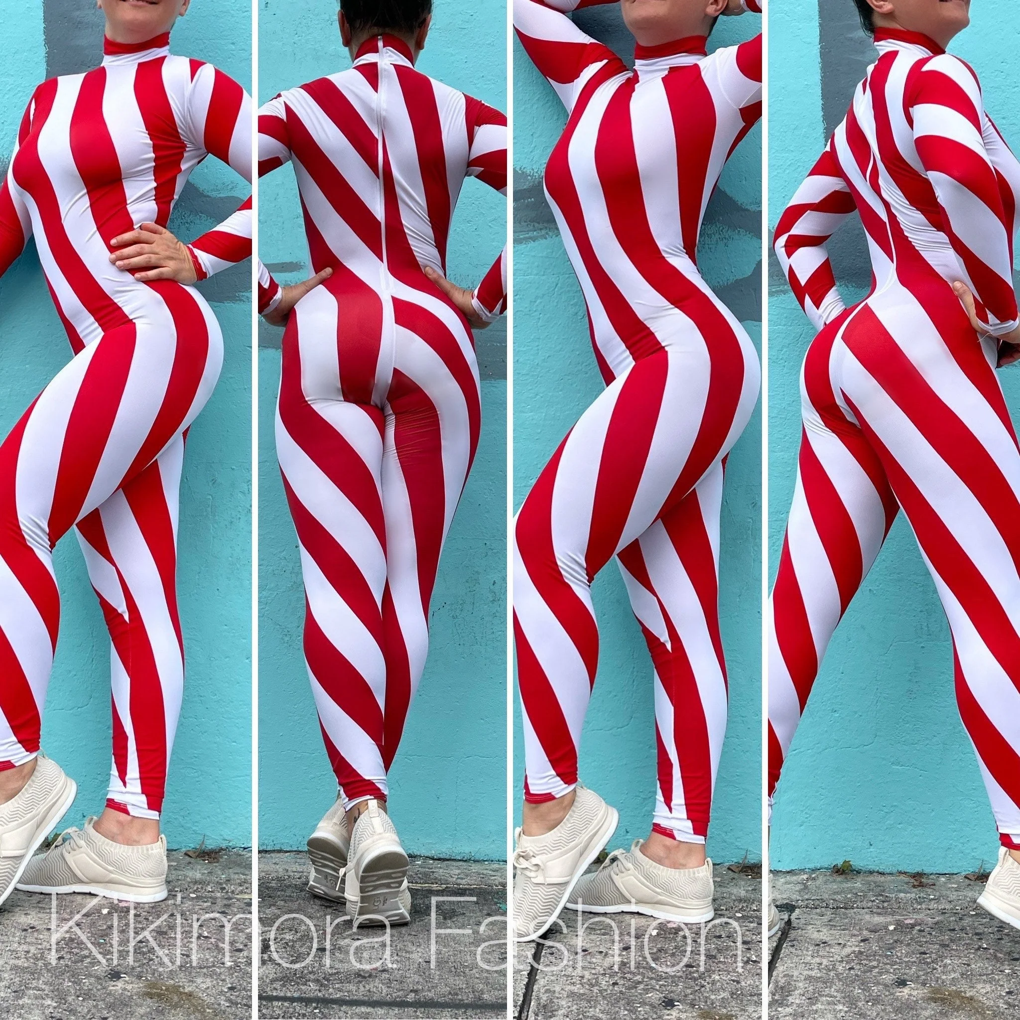 Candy Cane Catsuit Unitard, Turtleneck, Full Sleeves - Image 10