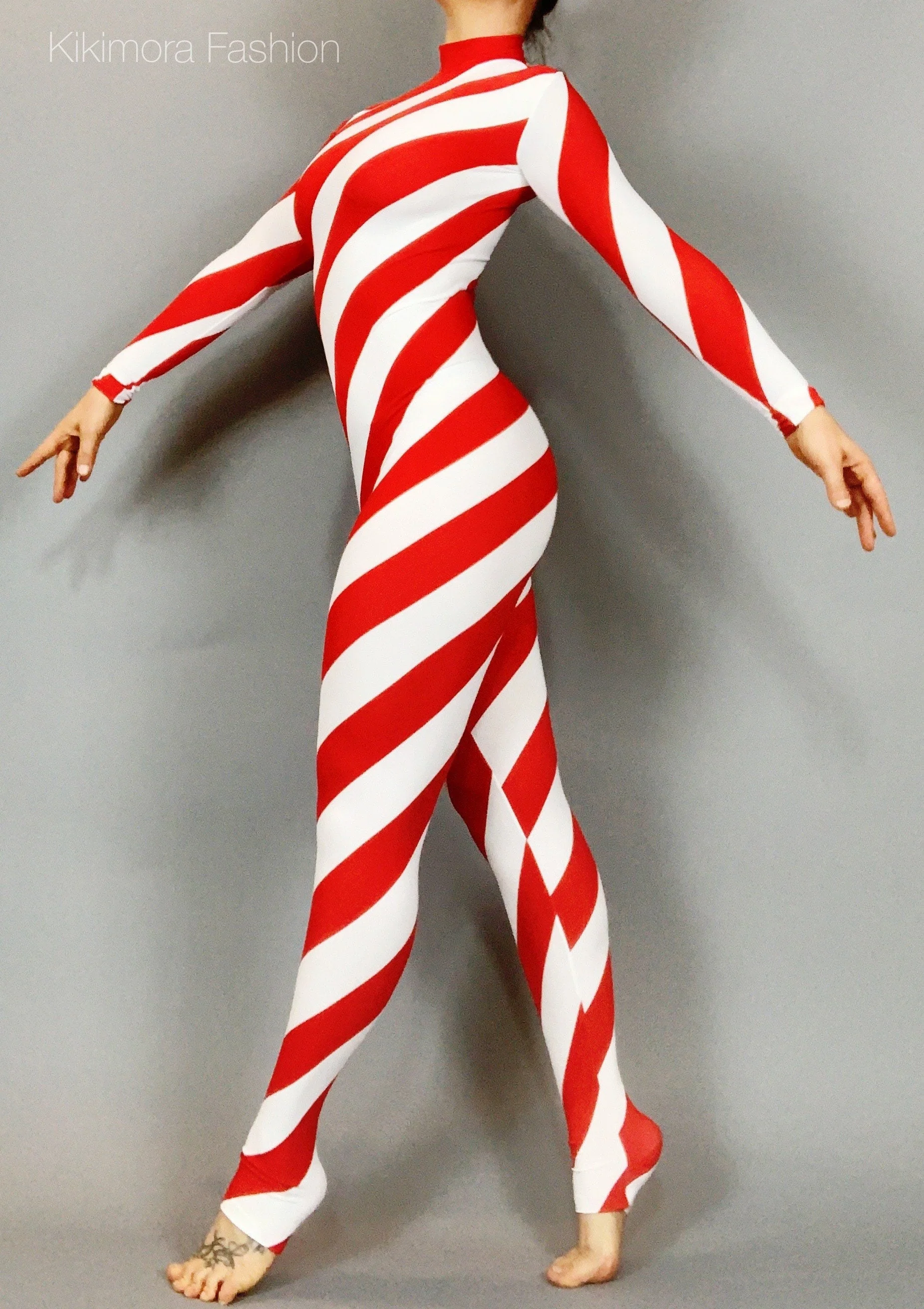 Candy Girl Red and White Stripes Catsuit, Full Sleeves, Turtleneck - Image 7