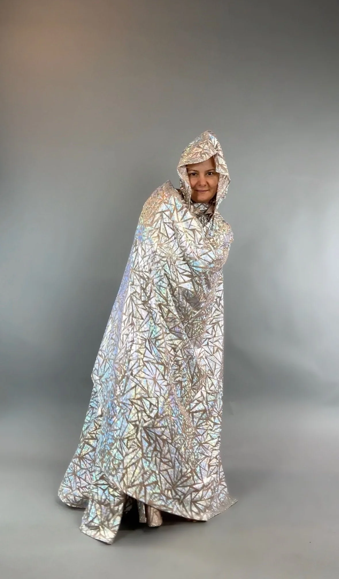 Shiny Hooded Cape, Iridescent Geometric Print Costume, Super Hero Cloak, Festival Fashion Accessory, Lightweight Floor Length Cape - Image 7