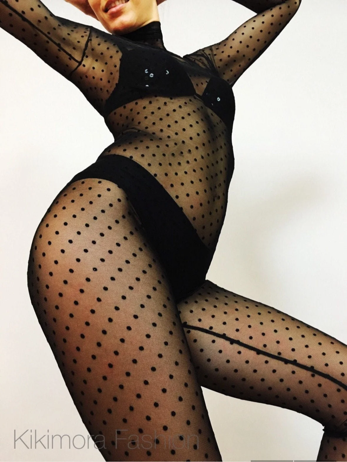 Black Mesh Polka Dot Catsuit, Sheer Bodysuit, See-Through Jumpsuit, Festival Outfit, Dancewear Unitard - Image 9