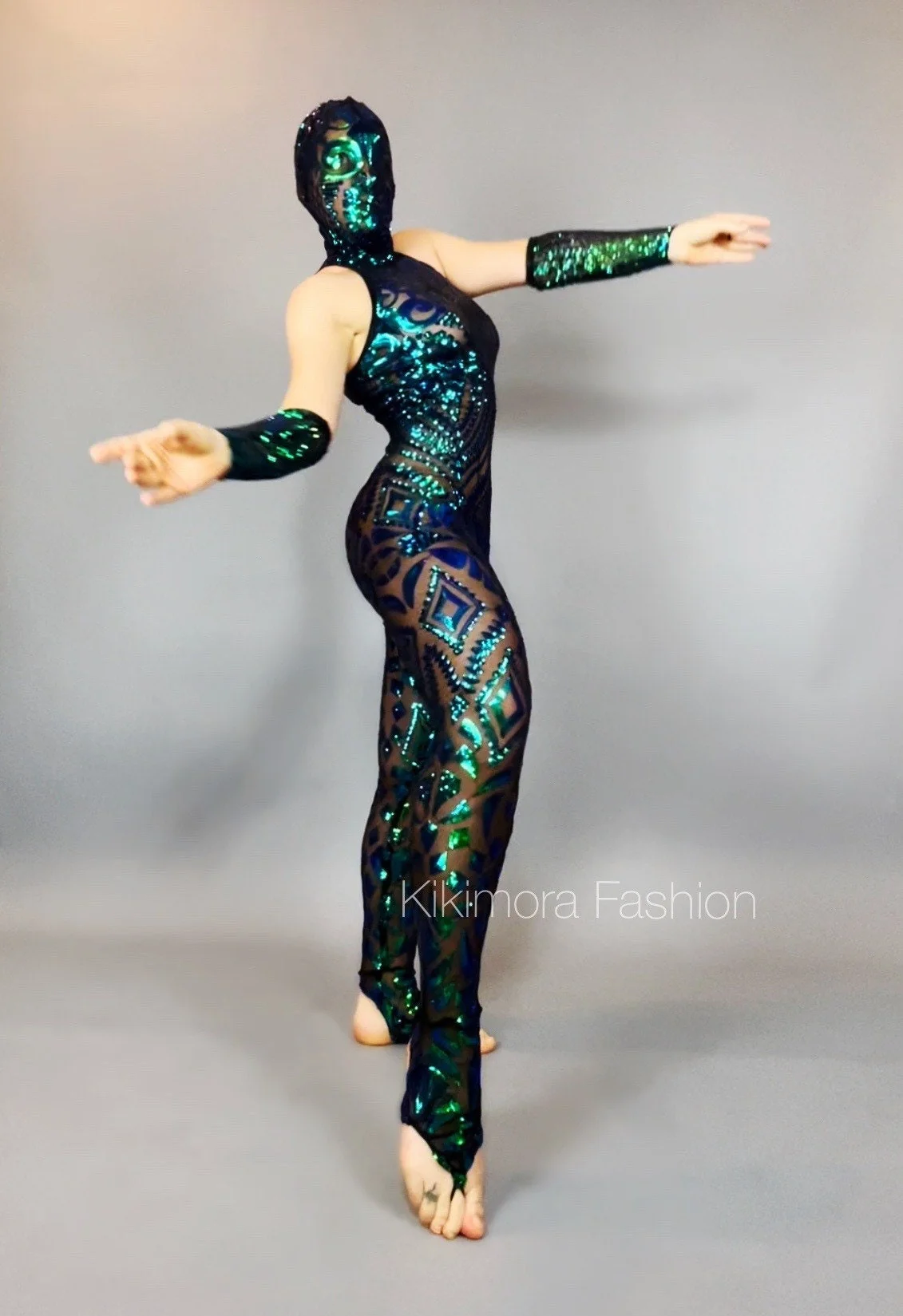 Green Sequin Sheer Catsuit with Accessories, Showgirl Unitard - Image 5