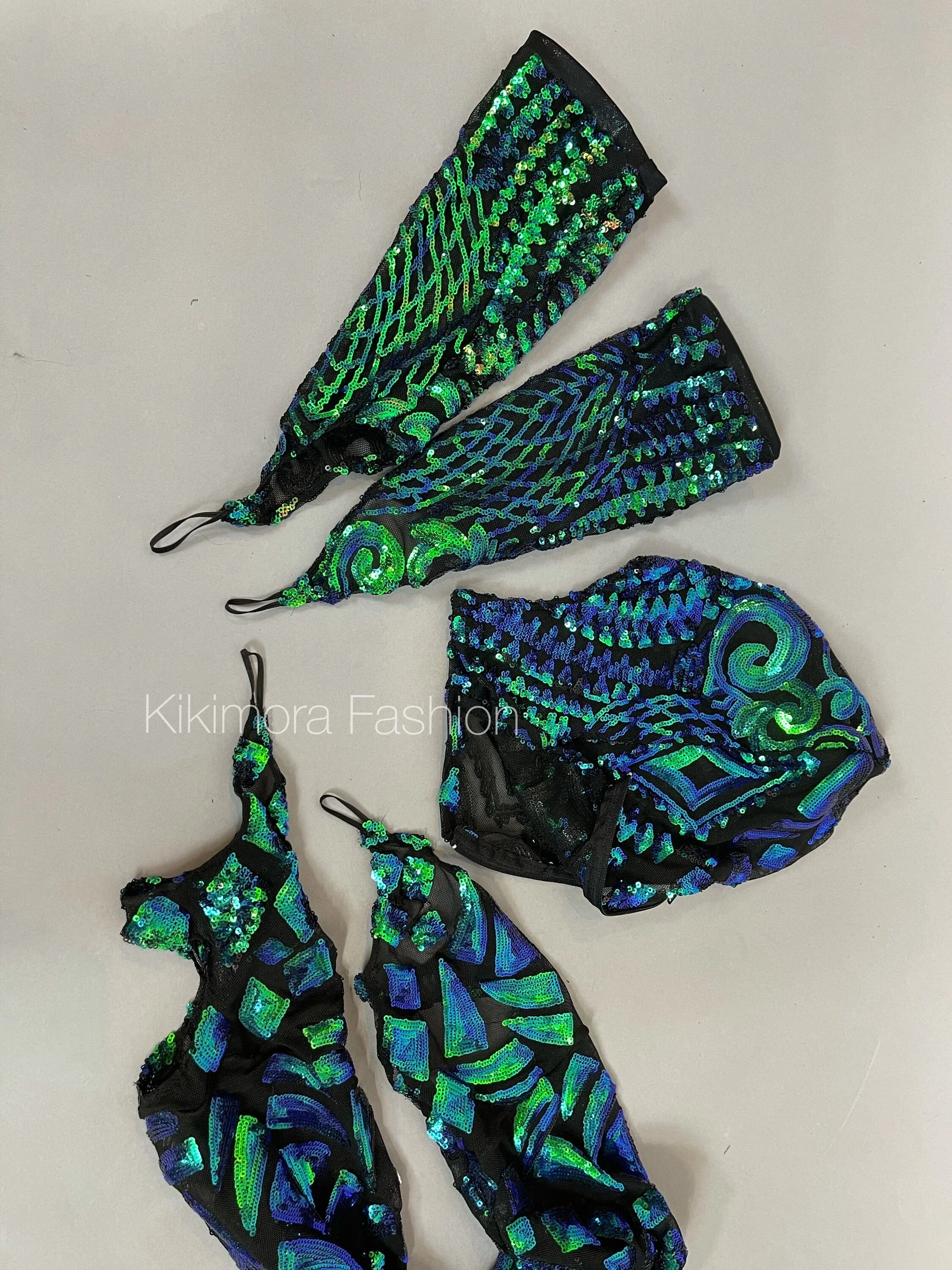 Green Sequin Sheer Catsuit with Accessories, Showgirl Unitard - Image 6