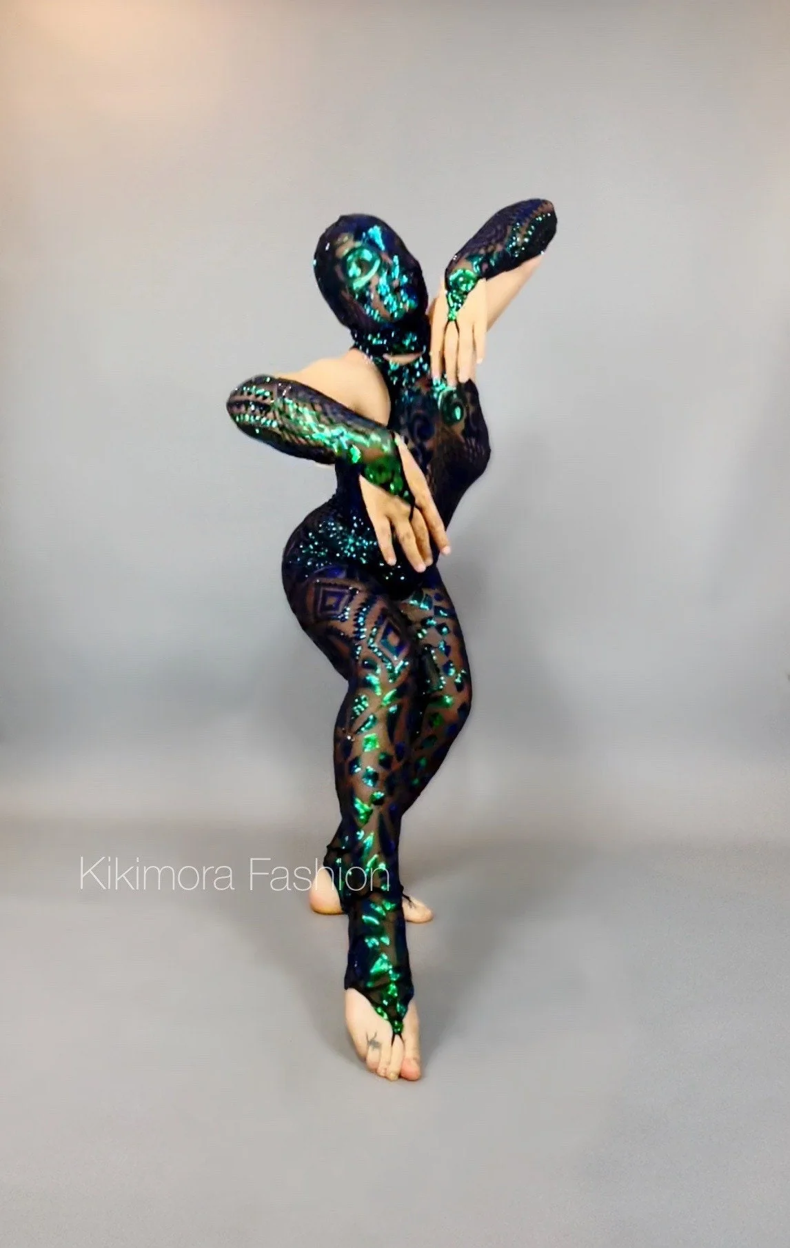 Green Sequin Sheer Catsuit with Accessories, Showgirl Unitard - Image 8