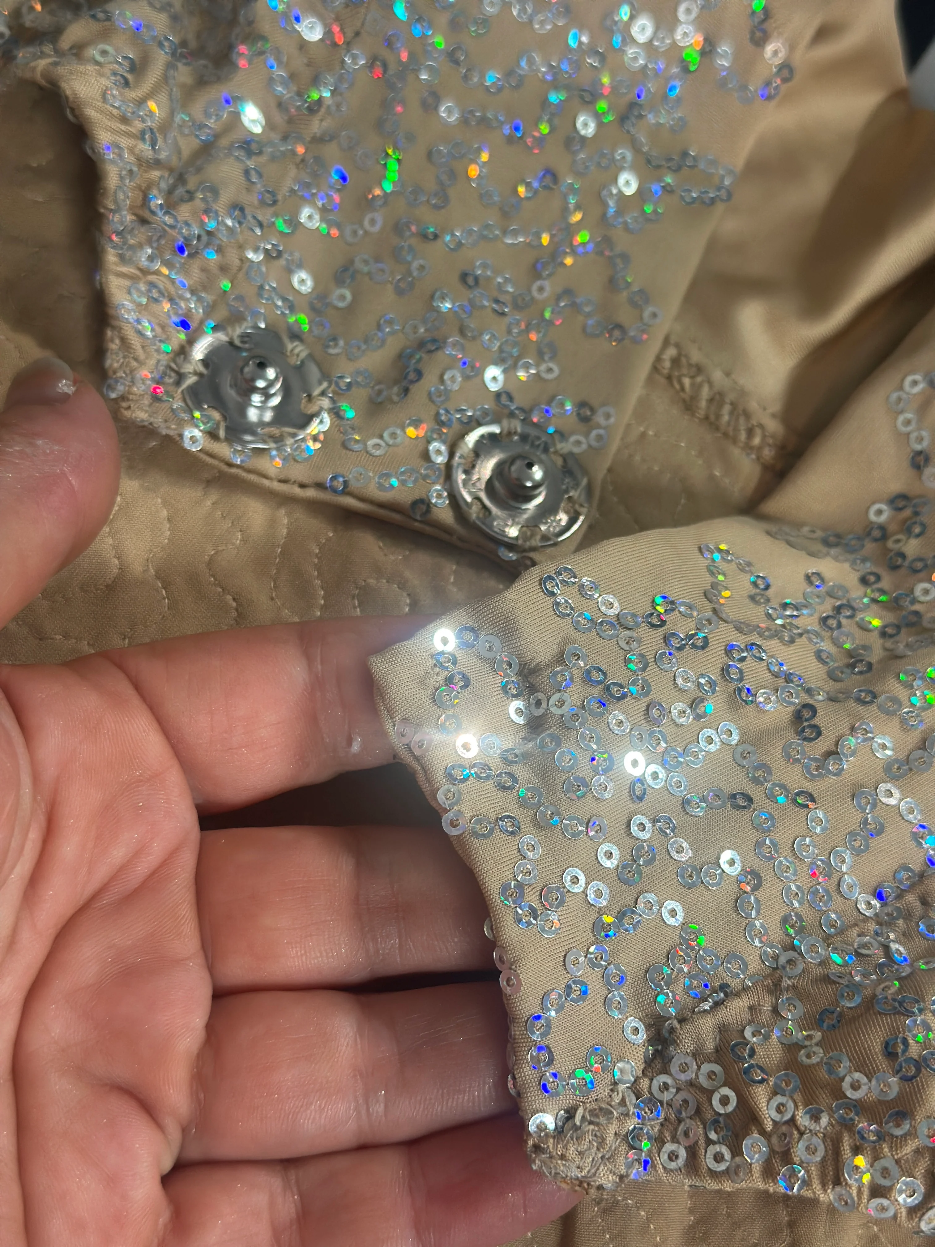 Champagne Sequin Open Back Catsuit, Iridescent Spandex Long Sleeve Jumpsuit - Image 16