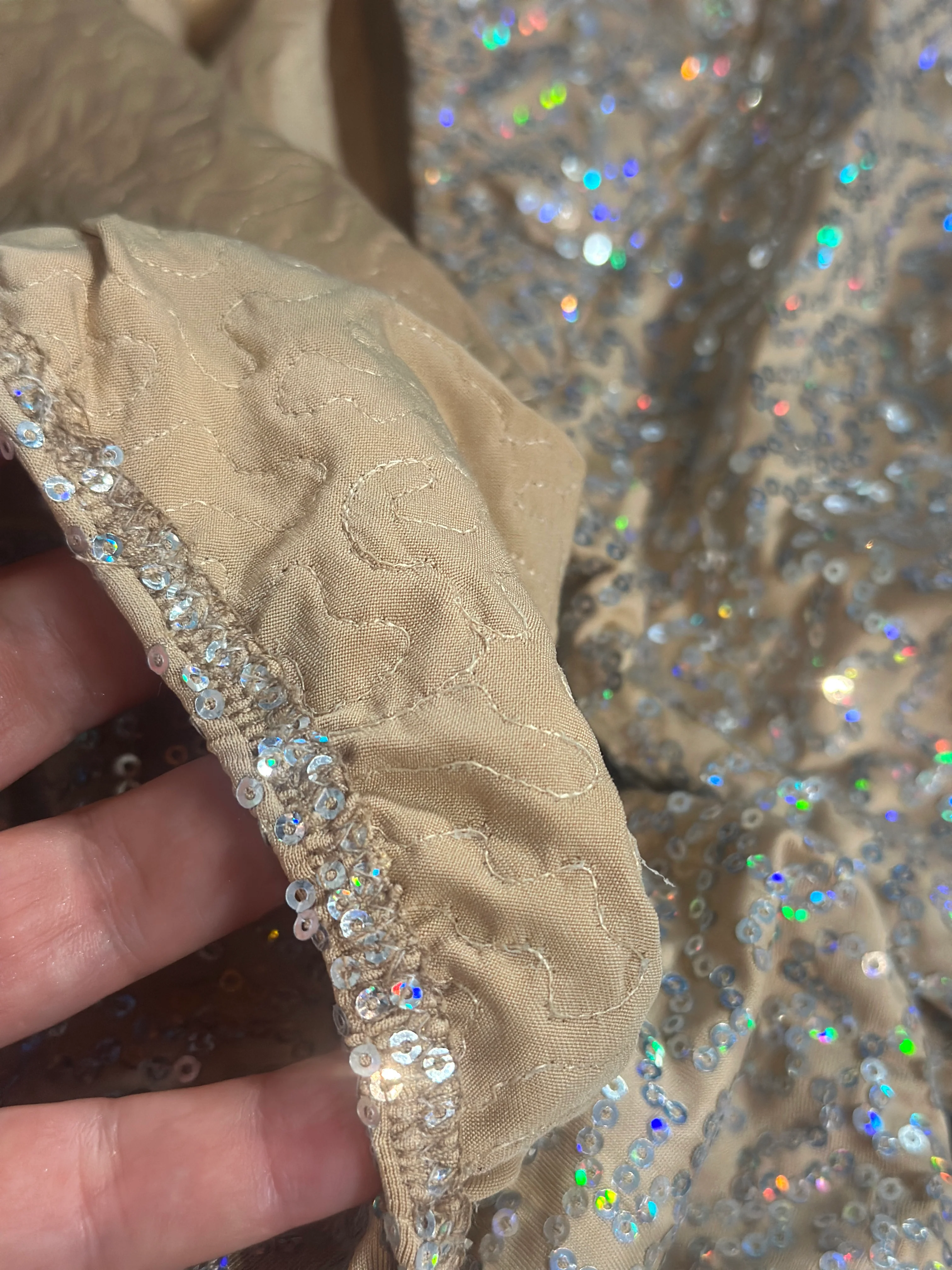 Champagne Sequin Open Back Catsuit, Iridescent Spandex Long Sleeve Jumpsuit - Image 18