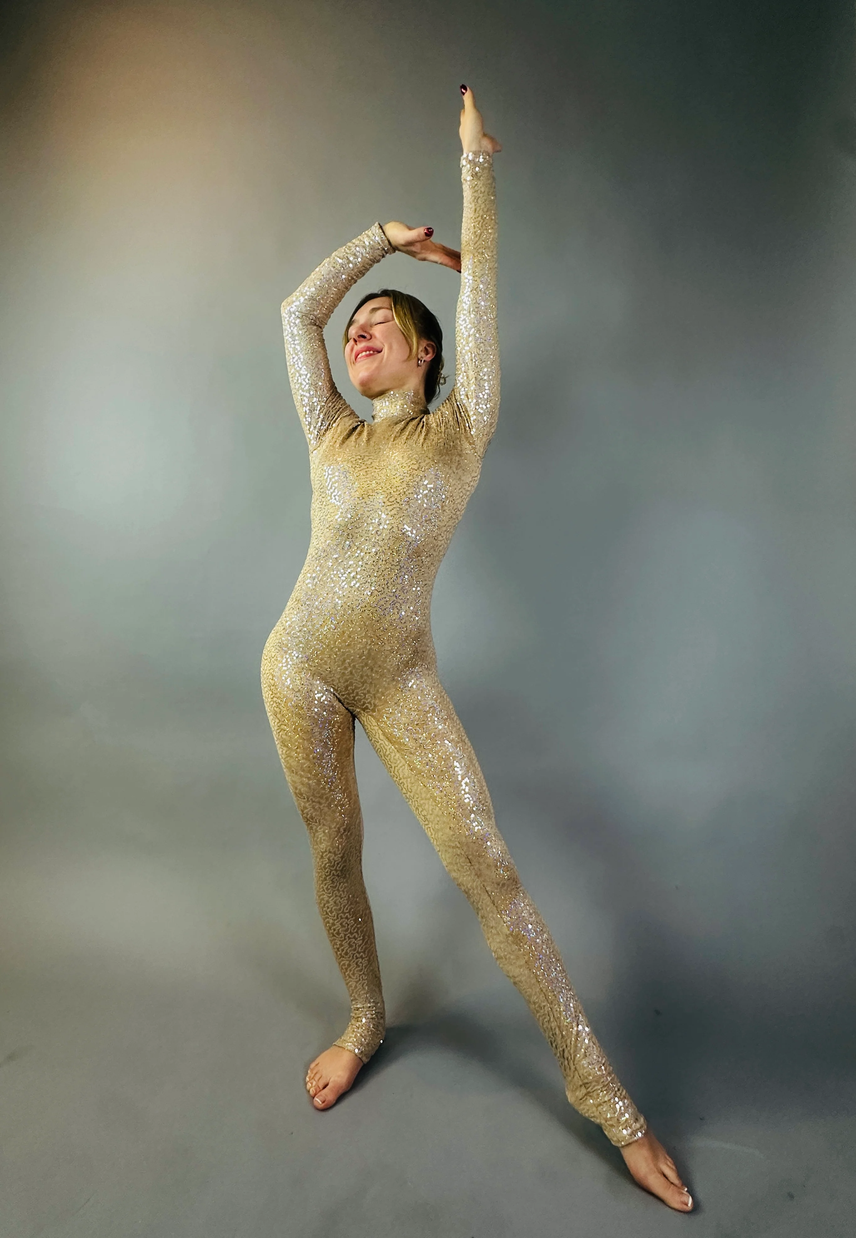 Champagne Sequin Open Back Catsuit, Iridescent Spandex Long Sleeve Jumpsuit - Image 4