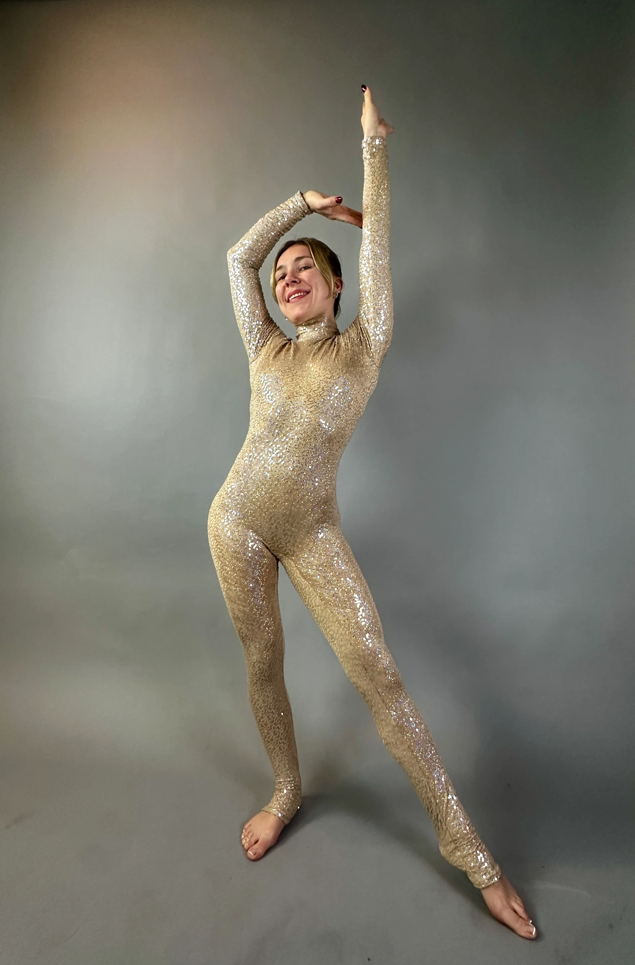 Champagne Sequin Open Back Catsuit, Iridescent Spandex Long Sleeve Jumpsuit - Image 5
