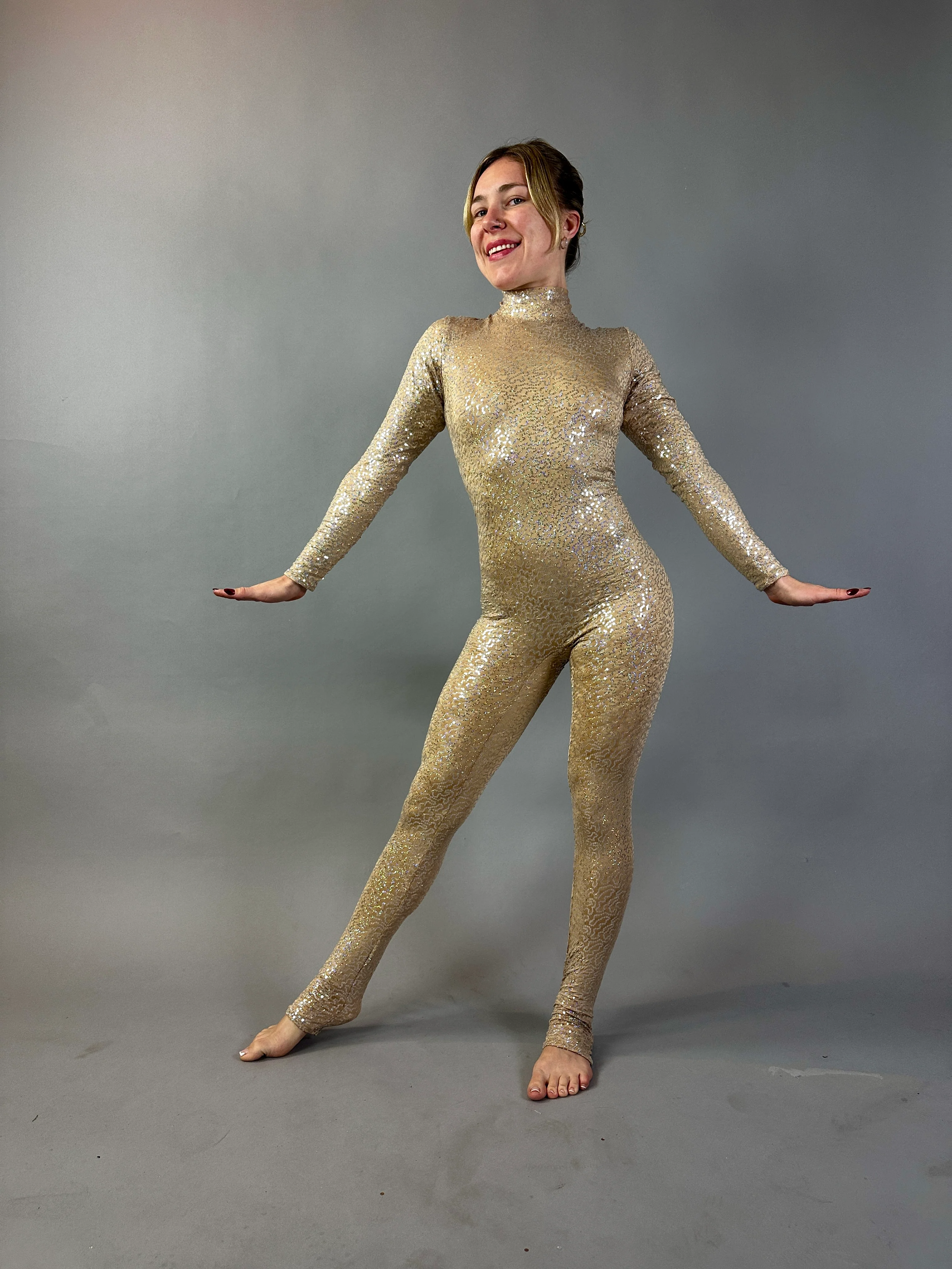 Champagne Sequin Open Back Catsuit, Iridescent Spandex Long Sleeve Jumpsuit - Image 6