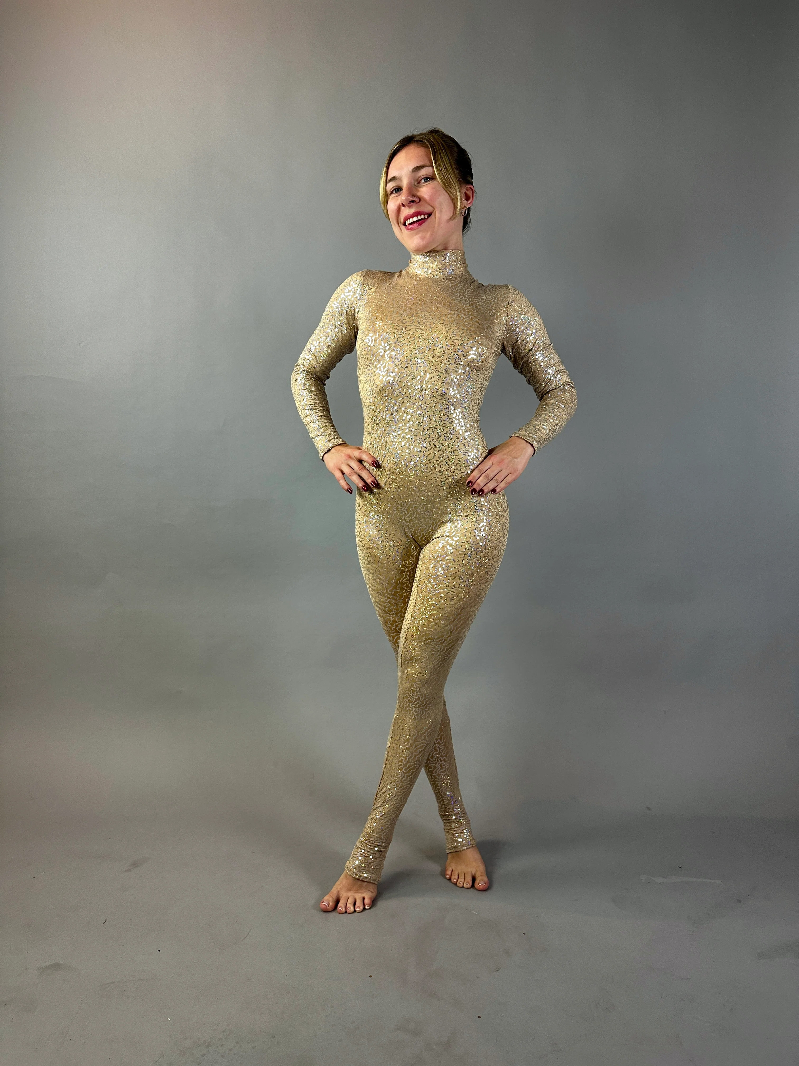 Champagne Sequin Open Back Catsuit, Iridescent Spandex Long Sleeve Jumpsuit - Image 7