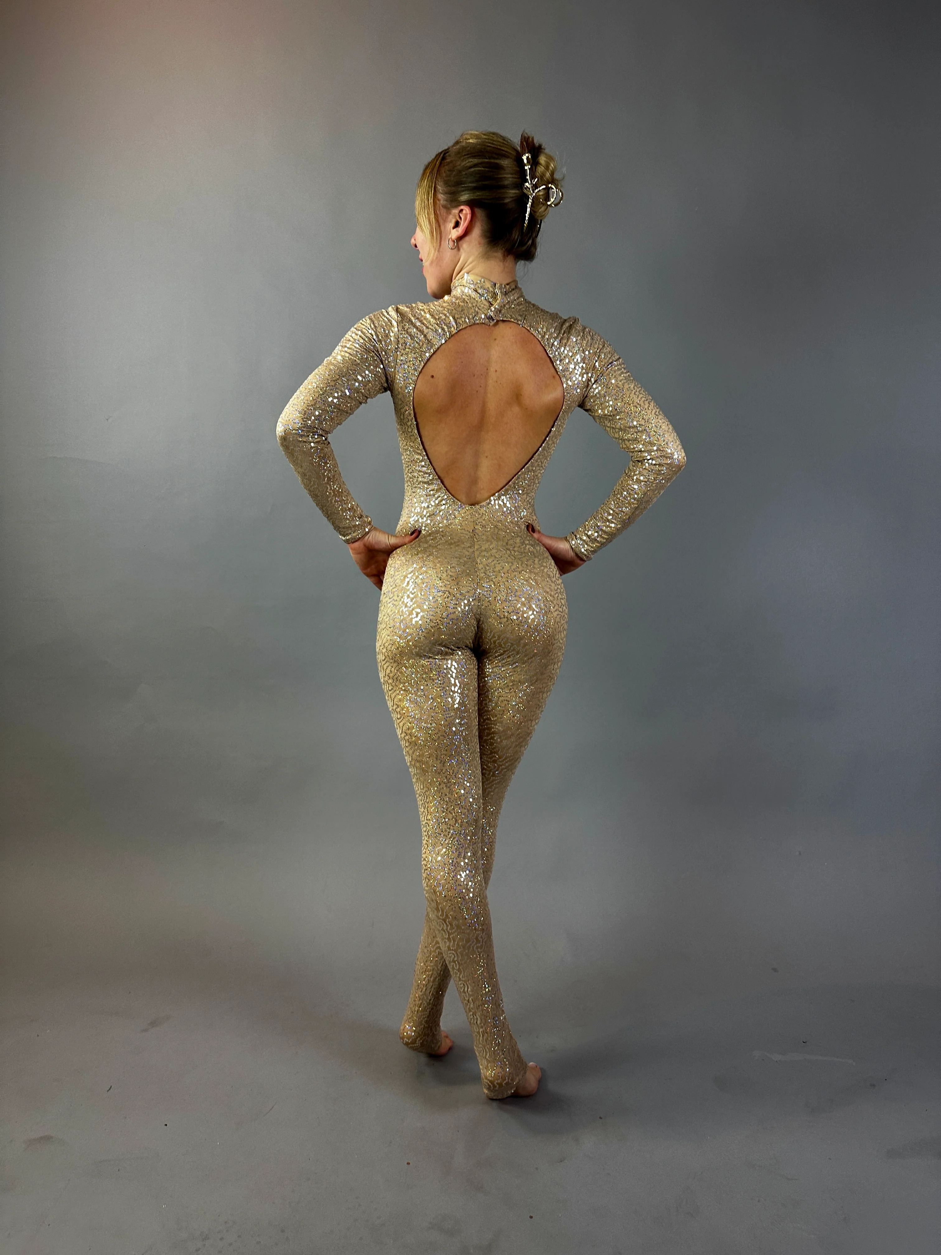 Champagne Sequin Open Back Catsuit, Iridescent Spandex Long Sleeve Jumpsuit - Image 8