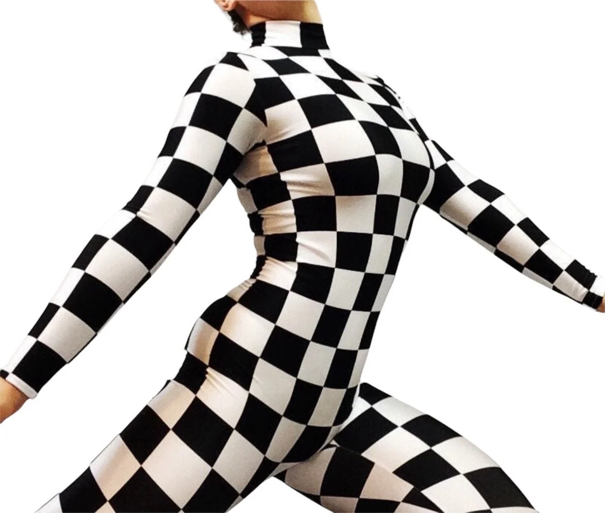 Black and White Checkered Jumpsuit, Long Sleeve Catsuit, Checkerboard Bodysuit, Circus Outfit, Exotic Dancewear, Spandex Unitard - Image 10