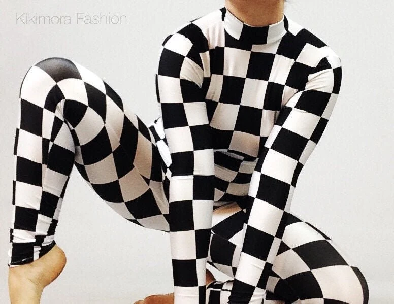 Black and White Checkered Jumpsuit, Long Sleeve Catsuit, Checkerboard Bodysuit, Circus Outfit, Exotic Dancewear, Spandex Unitard - Image 2