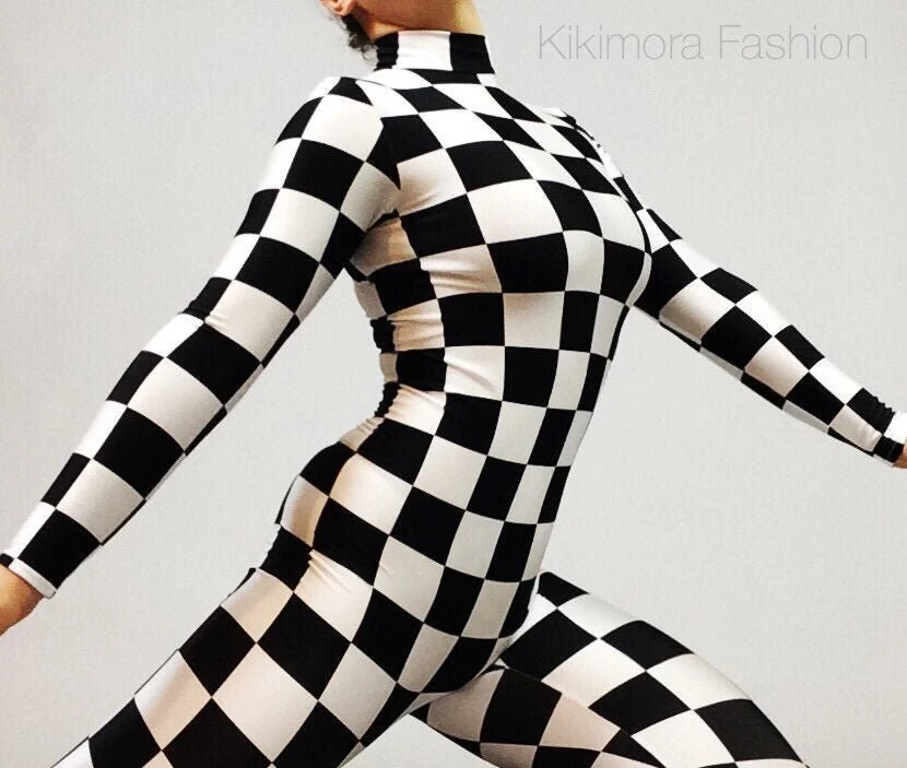 Black and White Checkered Jumpsuit, Long Sleeve Catsuit, Checkerboard Bodysuit, Circus Outfit, Exotic Dancewear, Spandex Unitard - Image 8