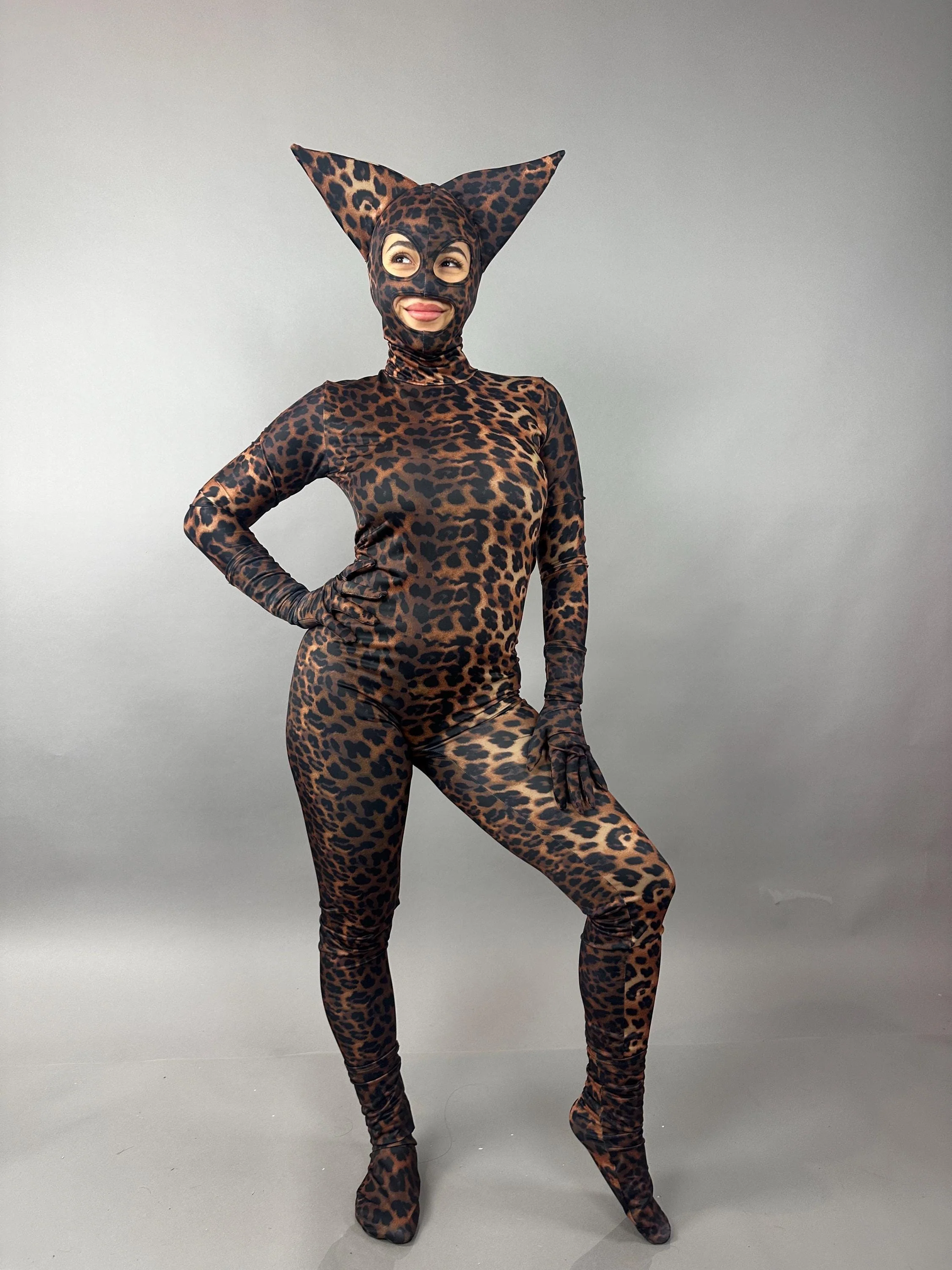 Cheetah Print Catsuit Full Body Costume with Headpiece Gloves and Socks, Animal Print Spandex Jumpsuit for Performers - Image 10