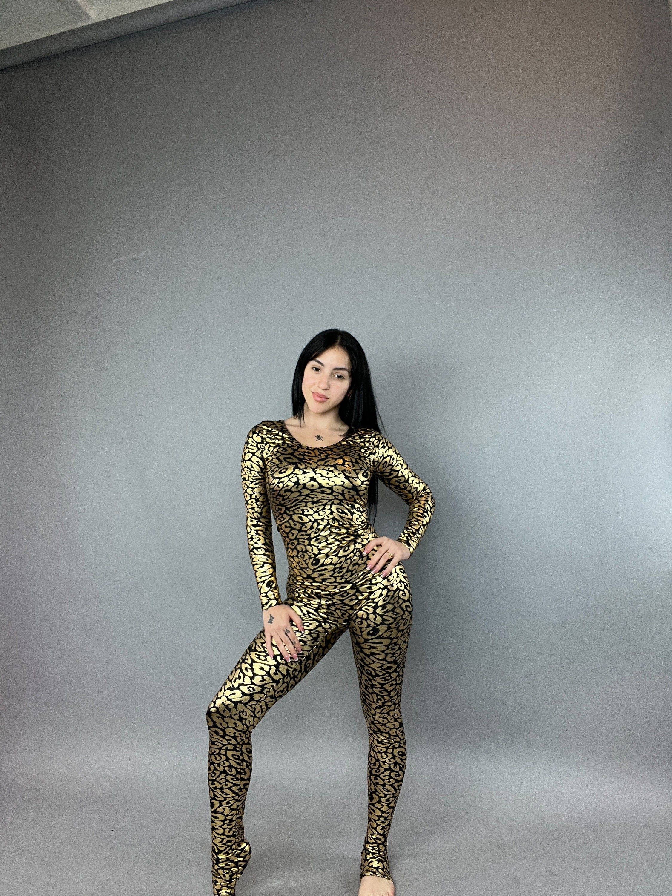 Gold Cheetah Print Catsuit, Scoop Neckline, Long Arm Sleeves - Image 5
