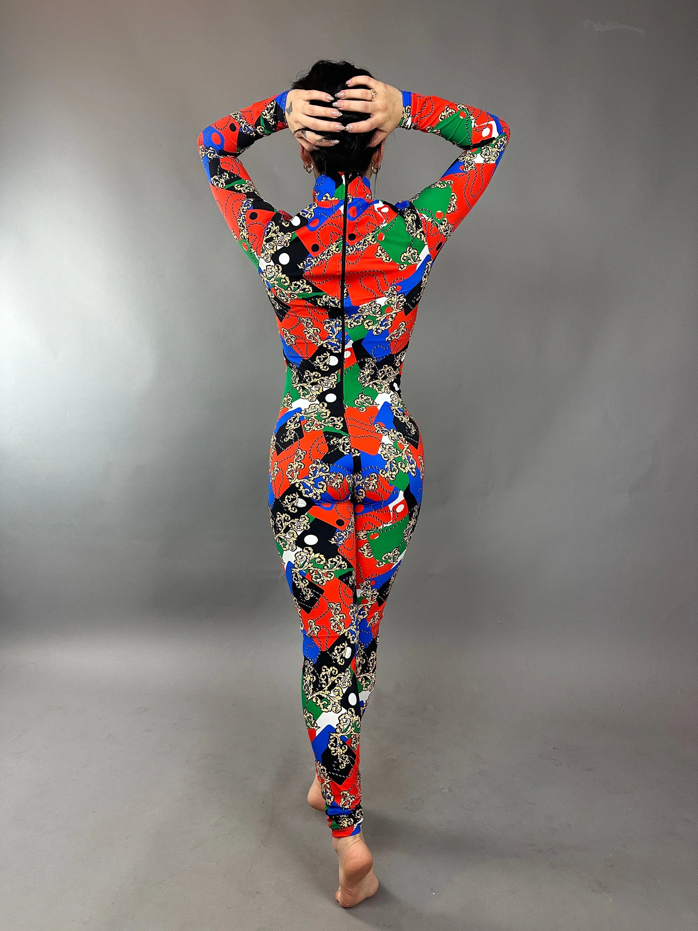 Multicolor Joker Jester Catsuit, Full Sleeves, Turtleneck - Image 4