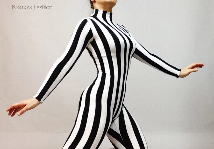 Black and White Striped Catsuit, Full Sleeve Turtleneck Spandex Performance Jumpsuit - Image 10