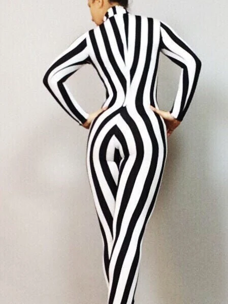 Black and White Striped Catsuit, Full Sleeve Turtleneck Spandex Performance Jumpsuit - Image 3