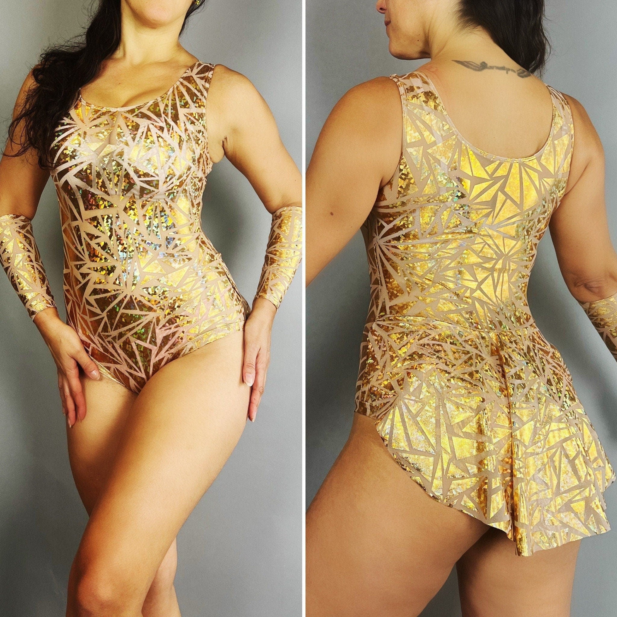 Gold Sparkle Leotard With Skirt, Sleeveless, Hand Accessories - Image 3