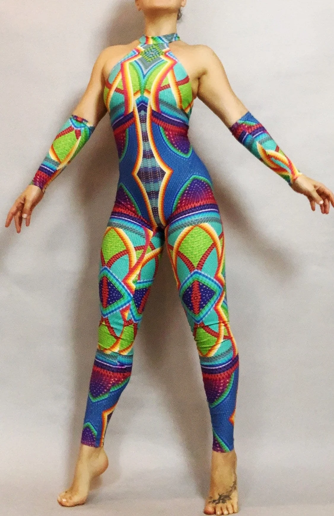 Colorful Geometric Jumpsuit, Psychedelic Catsuit, Halter Bodysuit, Circus Unitard, Gymnastics Costume, Aerialist Dancewear