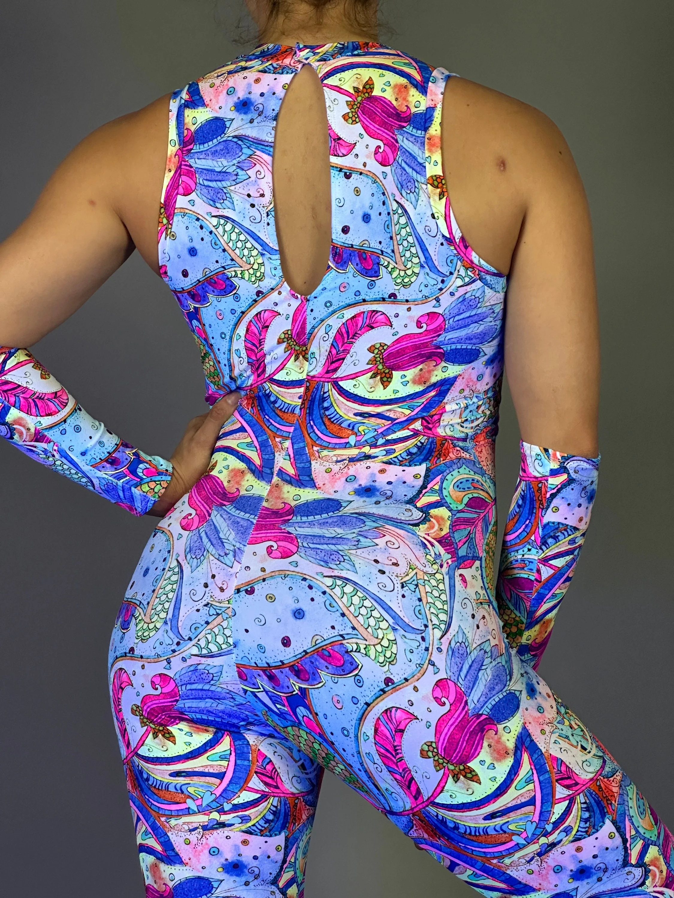 Colorful Paisley Jumpsuit, Fluorescent Floral Bodysuit, Sleeveless Keyhole Unitard, Psychedelic Catsuit, Festival One Piece, Matching Arm Sleeves - Image 8