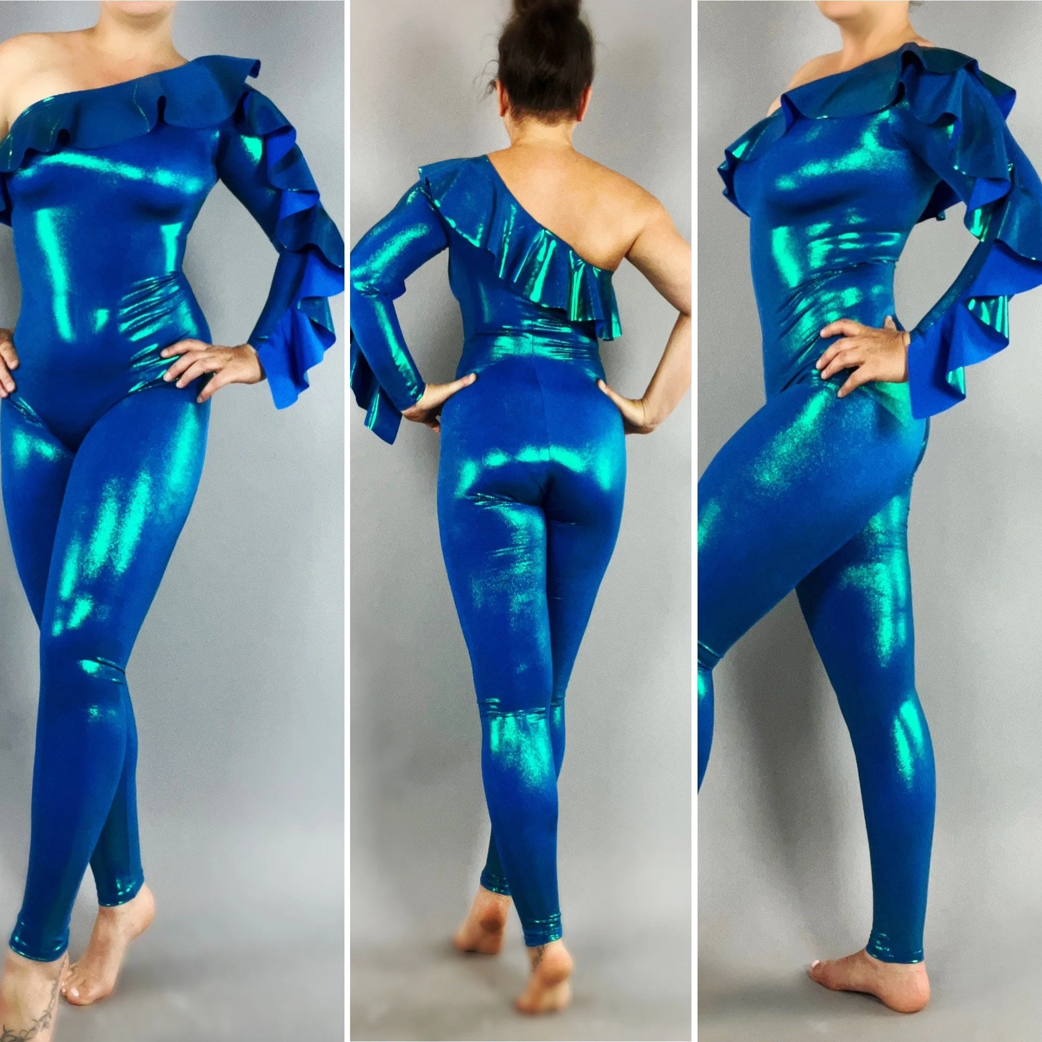 Red Ruffle One-Shoulder Catsuit, Shiny Hologram Asymmetrical Jumpsuit, 4-Way Stretch Spandex Performance Unitard Bodysuit - Image 10