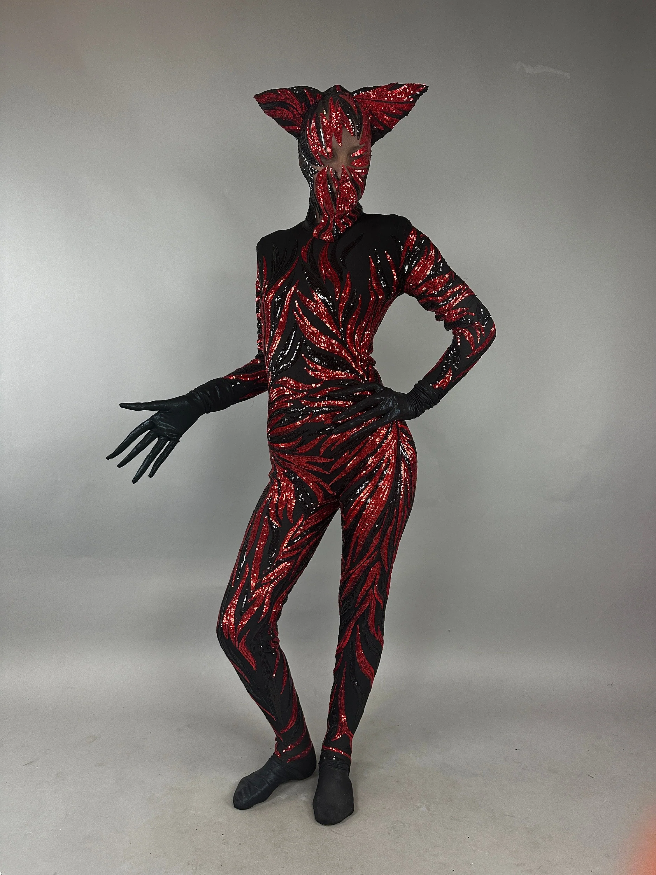Vamp Costume, Fantasy Character, Red Sequin Catsuit, Halloween Demon Outfit, Exotic Dancewear, Flame Pattern Jumpsuit - Image 5